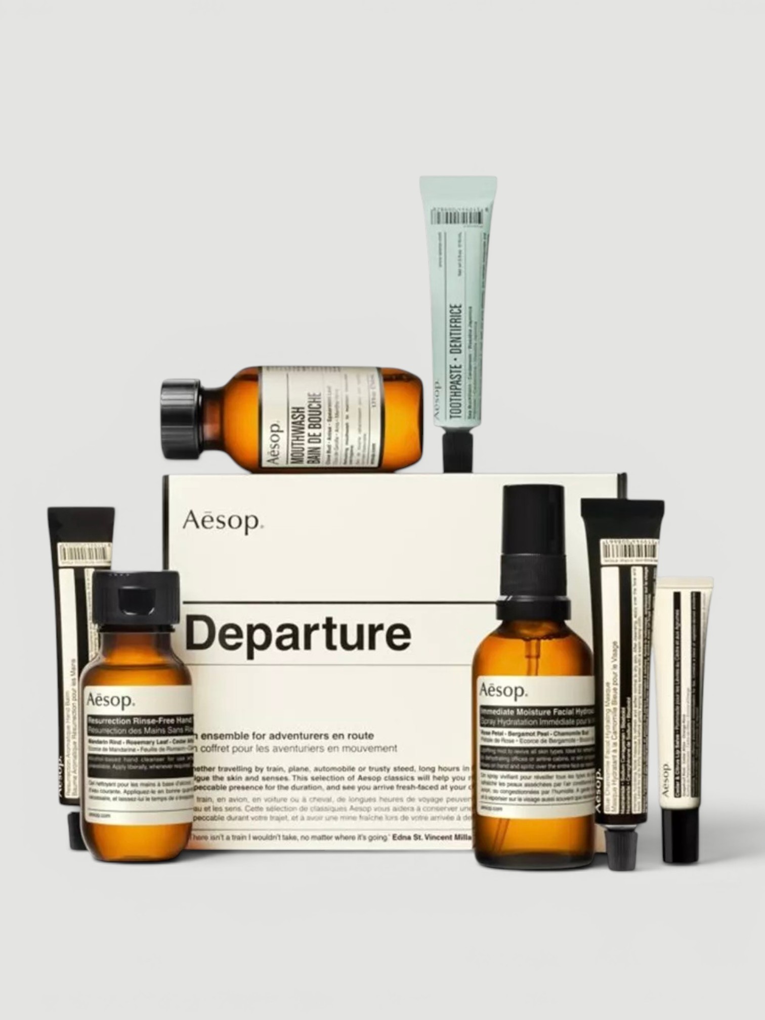Aesop Departure Travel Kit in amber, worn with St. Agni Soft Jersey Slim Scoop Tank, Venroy Fleece Track Pant, Kallmeyer Yasmin Tunic in Novelty Cotton Slub, Phoebe Philo Frizz Flip Flop, the journey. Styled by Sharon Lombardo for FDV Concierge.