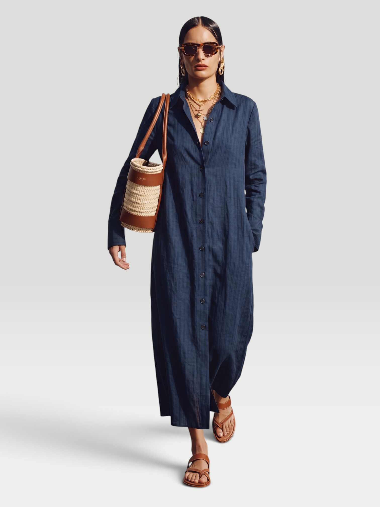 Attersee The Button Front Shirt Dress in Striped Linen Silk in navy. Styled by Sharon Lombardo for FDV Concierge.