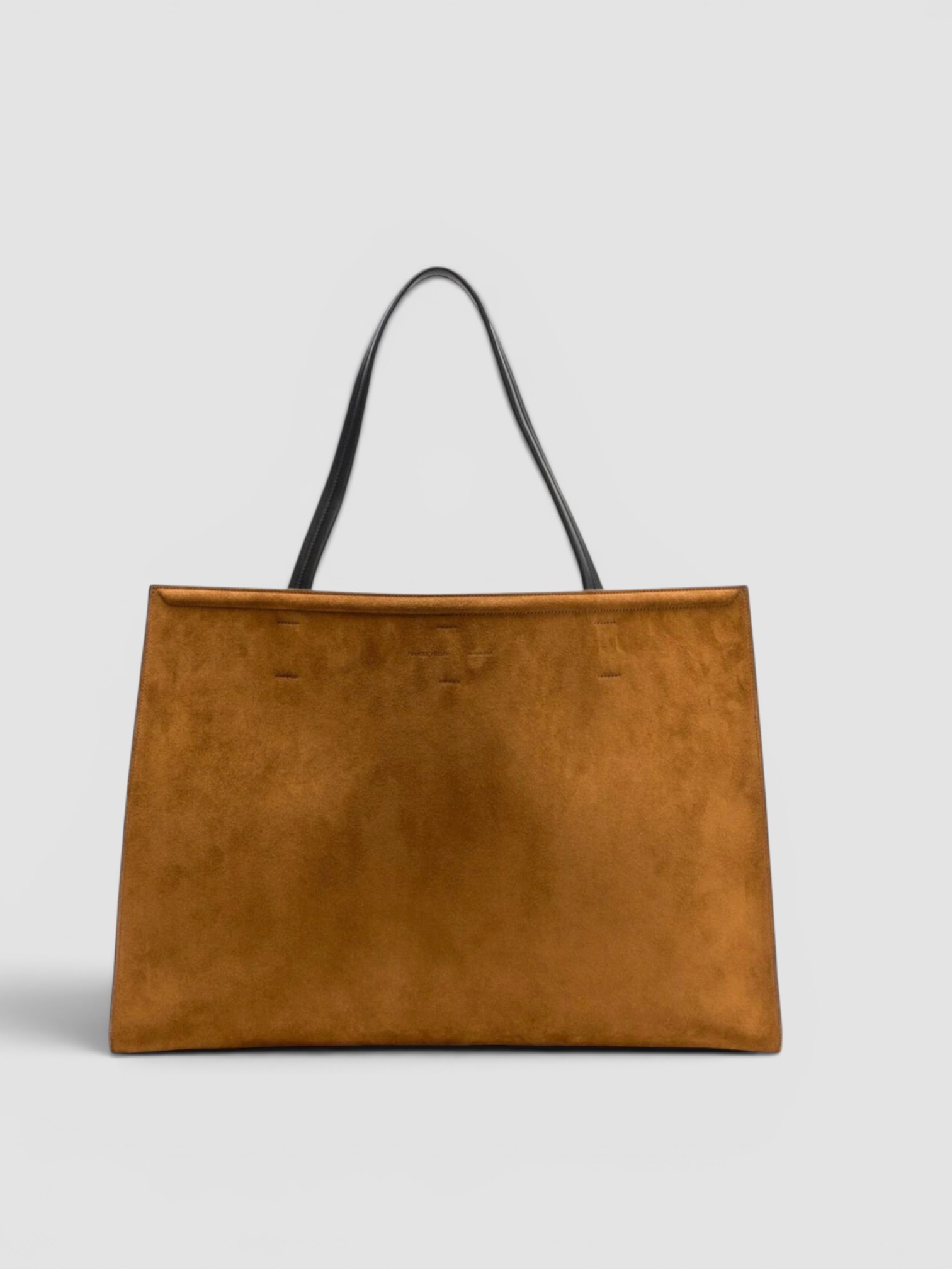 Phoebe Philo Large Slouch Cabas Suede Tote Bag in toffee silver, worn with St. Agni Relaxed Tee Dress. Styled by Sharon Lombardo for FDV Concierge.