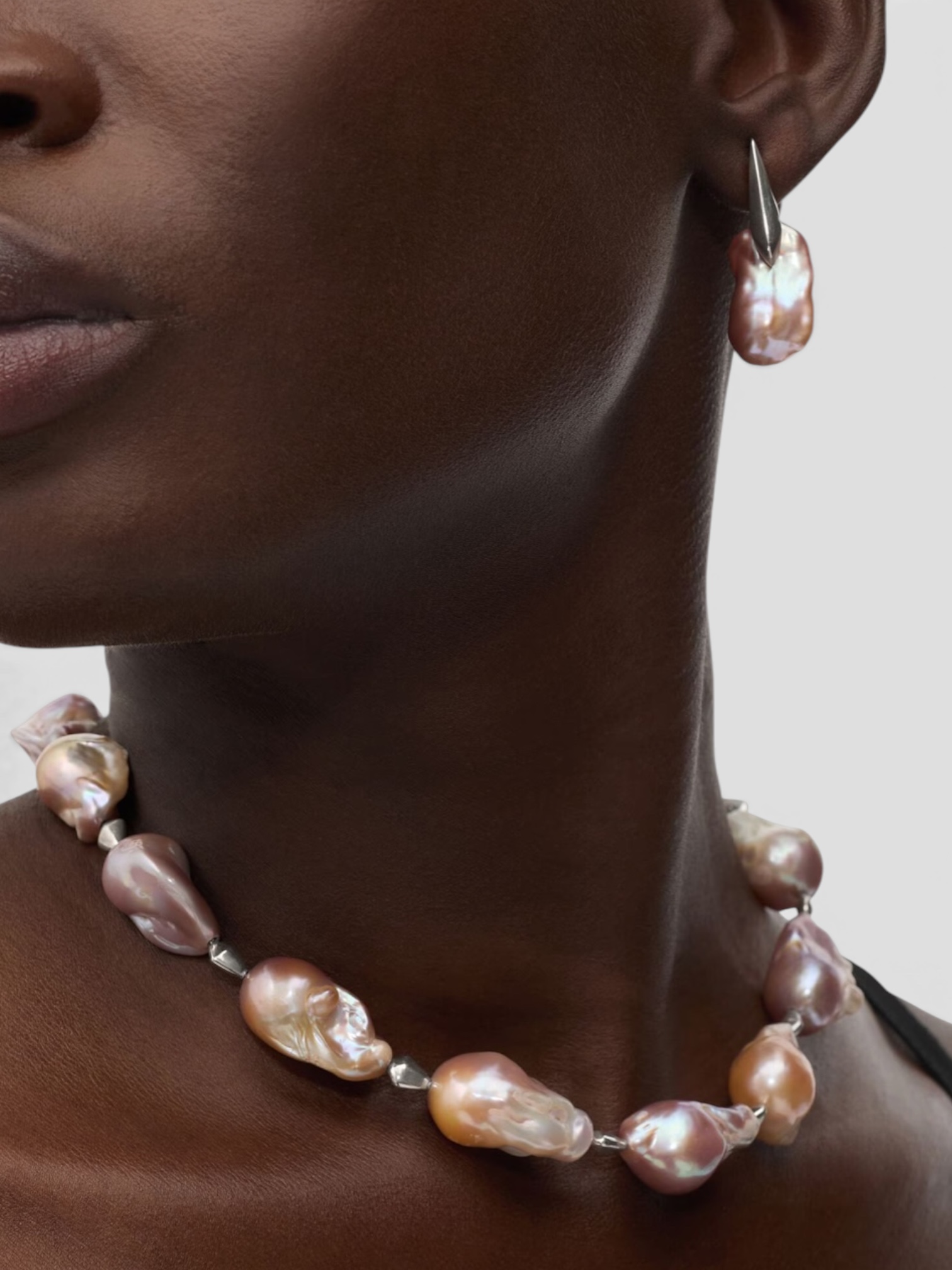 Bottega Veneta Pearl Necklace in silver. Styled by Sharon Lombardo for FDV Concierge.