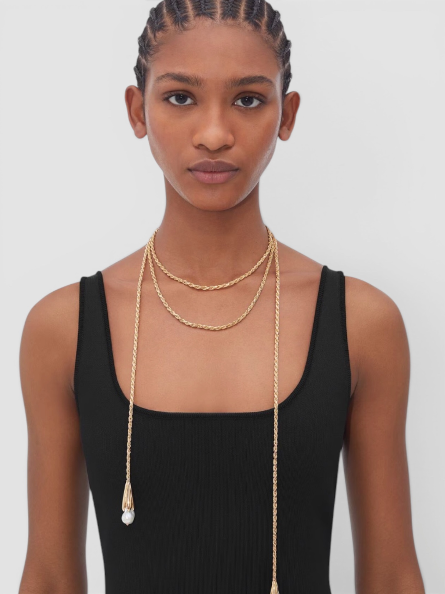 Bottega Veneta Pearl Scarf Necklace in gold / pearl. Styled by Sharon Lombardo for FDV Concierge.