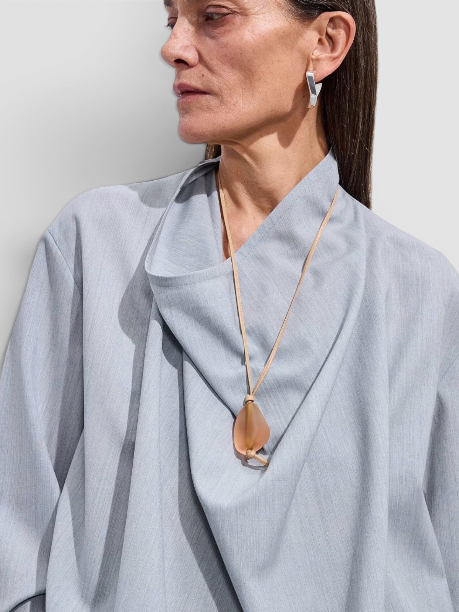 Bottega Veneta Prisma Leather Necklace in peach. Styled by Sharon Lombardo for FDV Concierge.