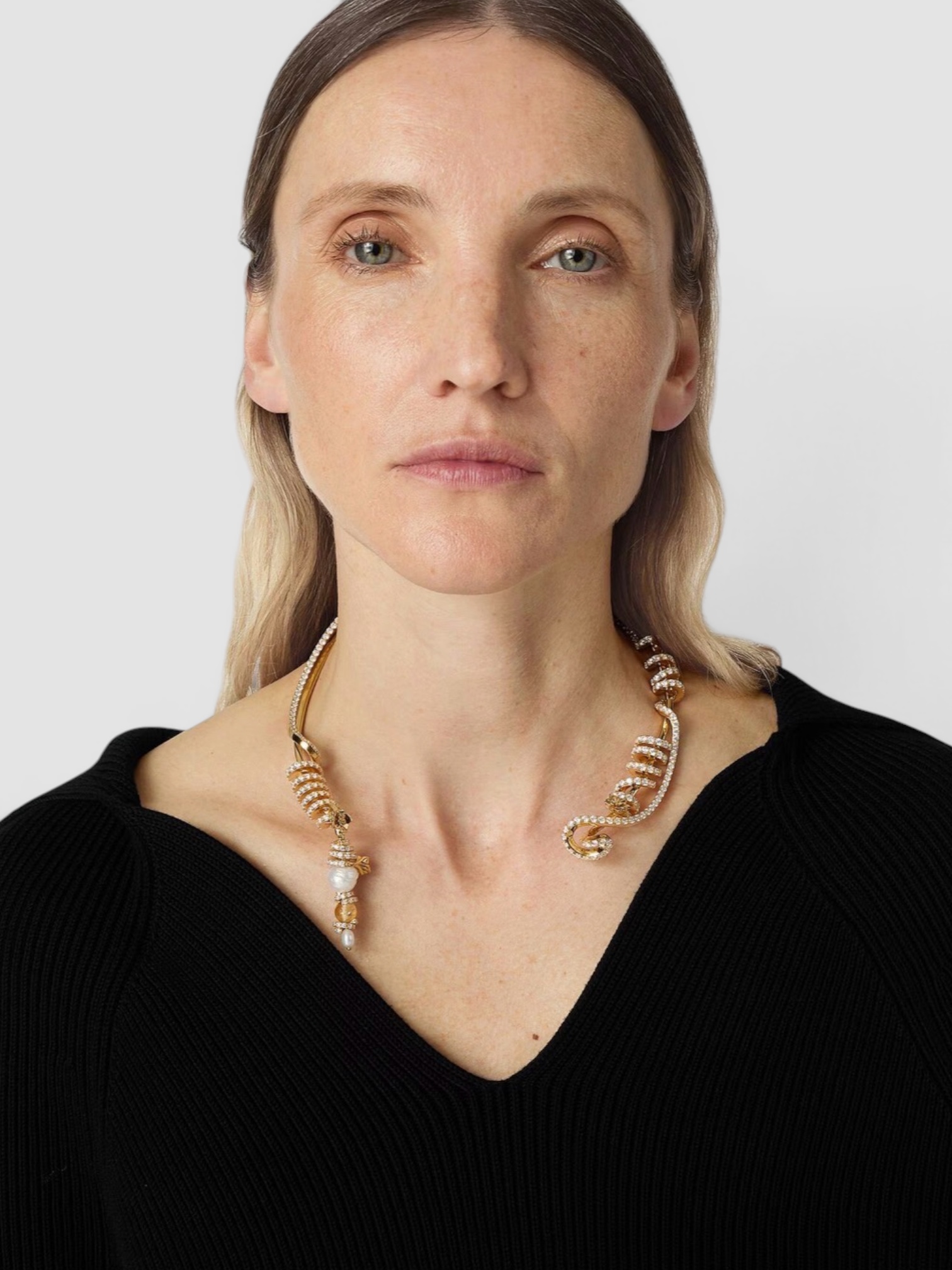 Bottega Veneta Twist Necklace in gold / crystal. Styled by Sharon Lombardo for FDV Concierge.