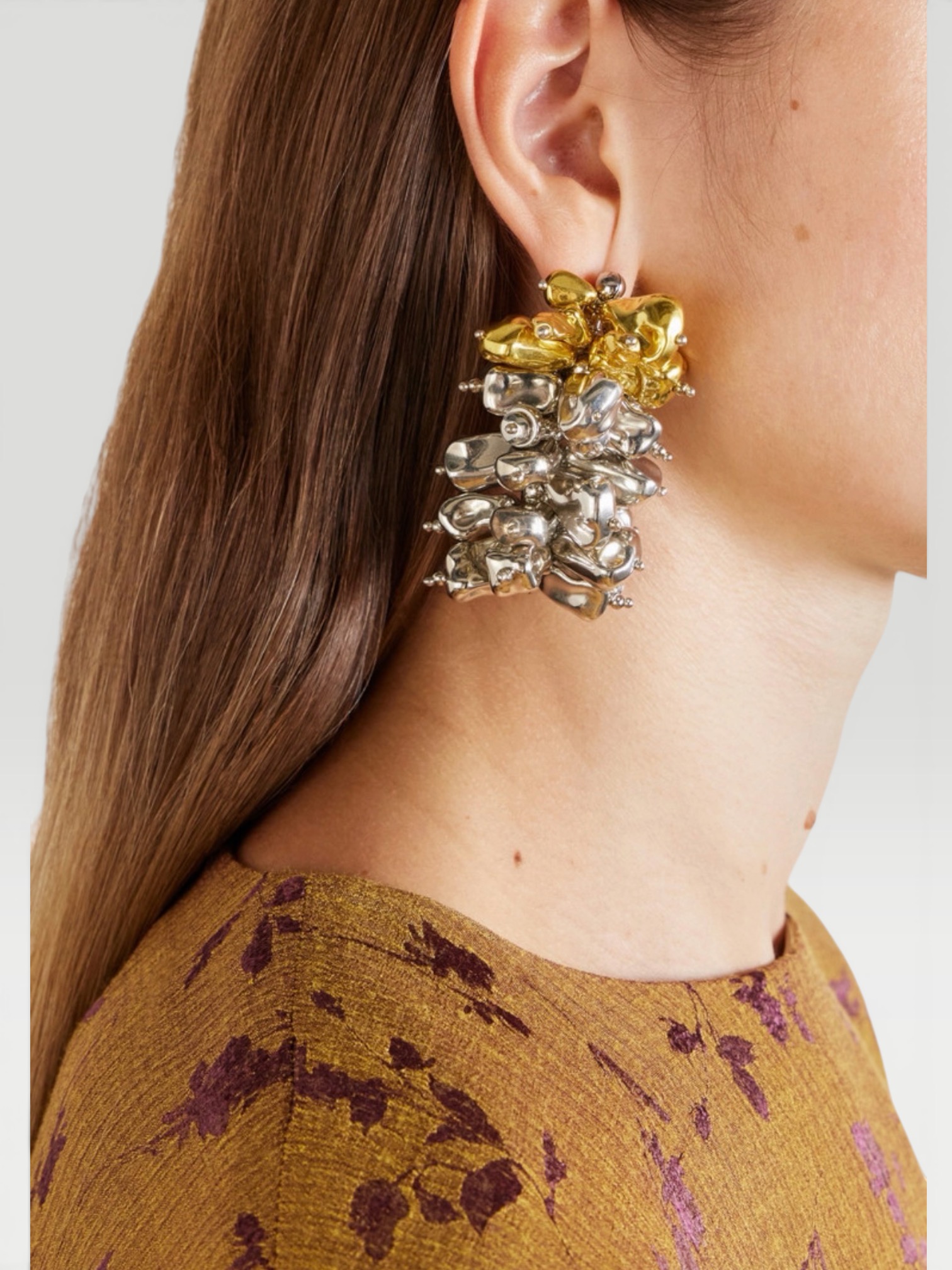 Dries Van Noten Silver and Gold-Tone Cluster Earrings in silver. Styled by Sharon Lombardo for FDV Concierge.