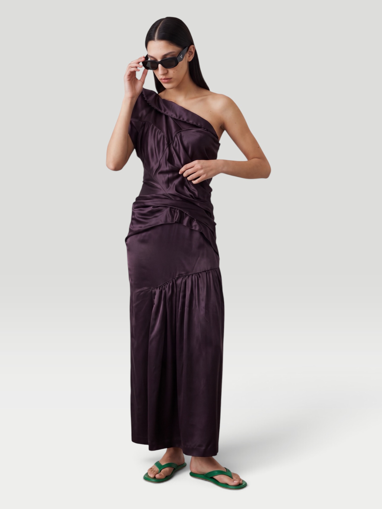 Dries Van Noten Damari One-Shoulder Pleated Dress in purple. Styled by Sharon Lombardo for FDV Concierge.