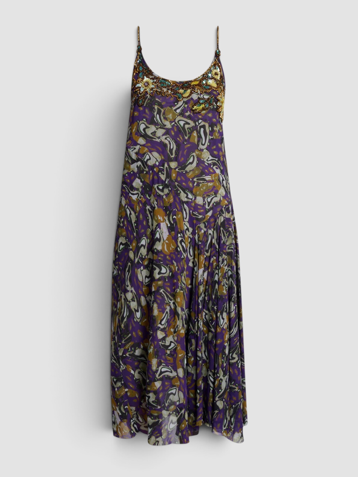 Dries Van Noten Dibelle Embellished Paneled Midi Slip Dress in purple. Styled by Sharon Lombardo for FDV Concierge.