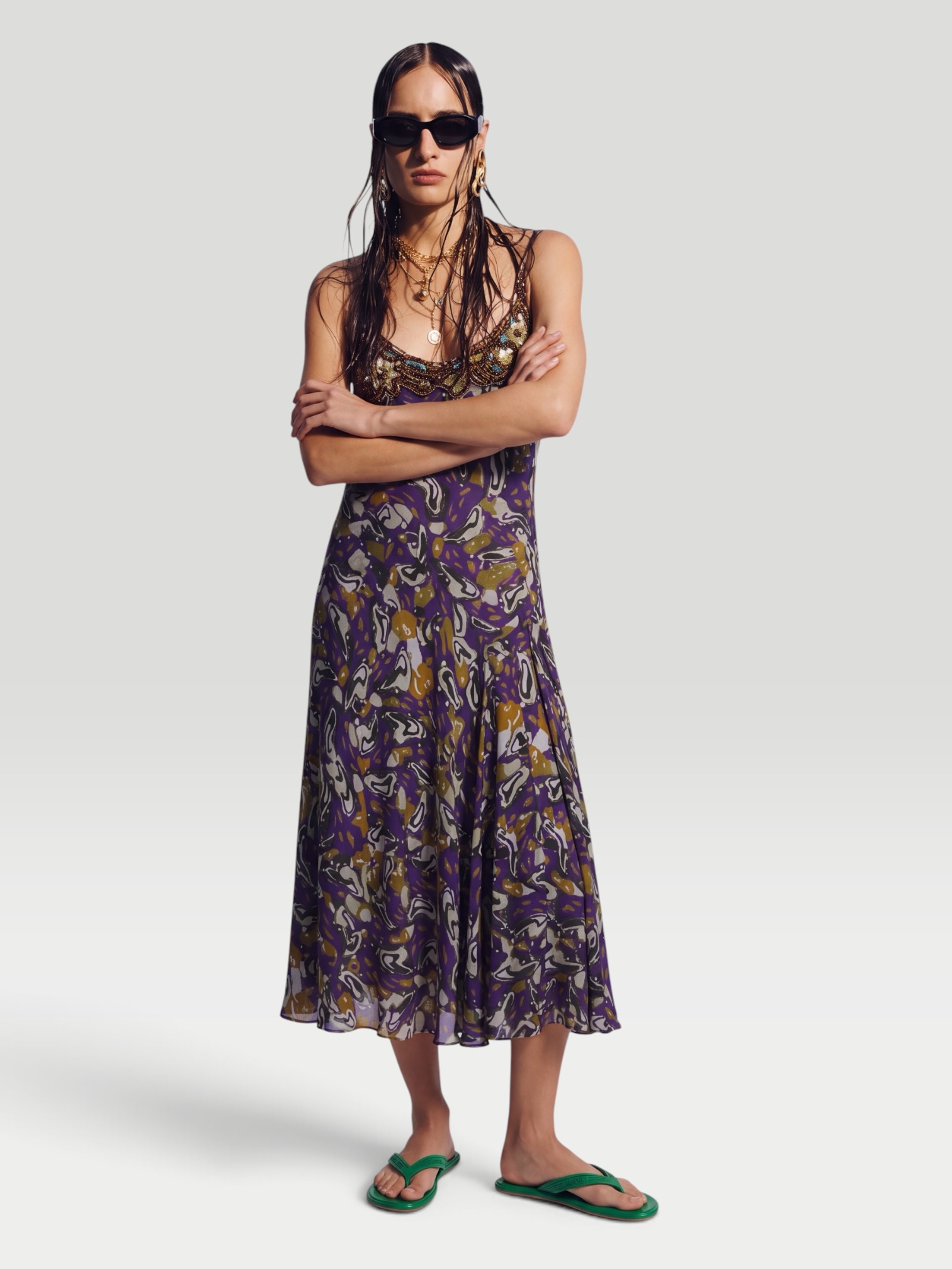 Dries Van Noten Dibelle Embellished Paneled Midi Slip Dress in purple. Styled by Sharon Lombardo for FDV Concierge.