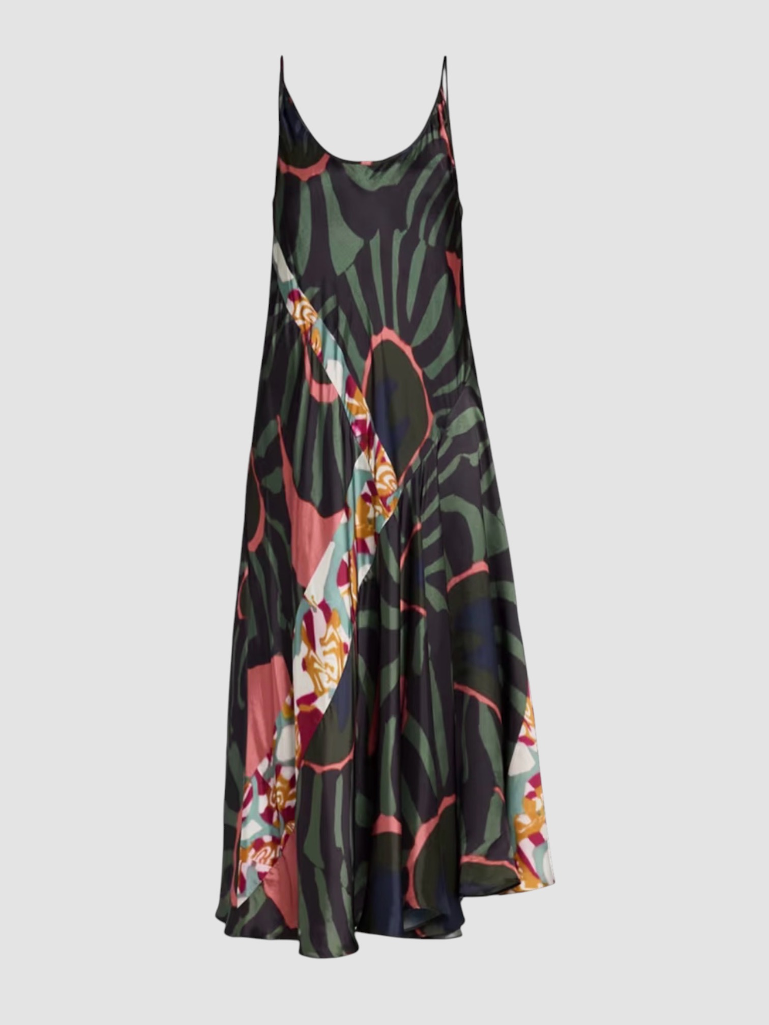 Dries Van Noten Dibelle Patchwork Satin Midi Slip Dress in khaki. Styled by Sharon Lombardo for FDV Concierge.