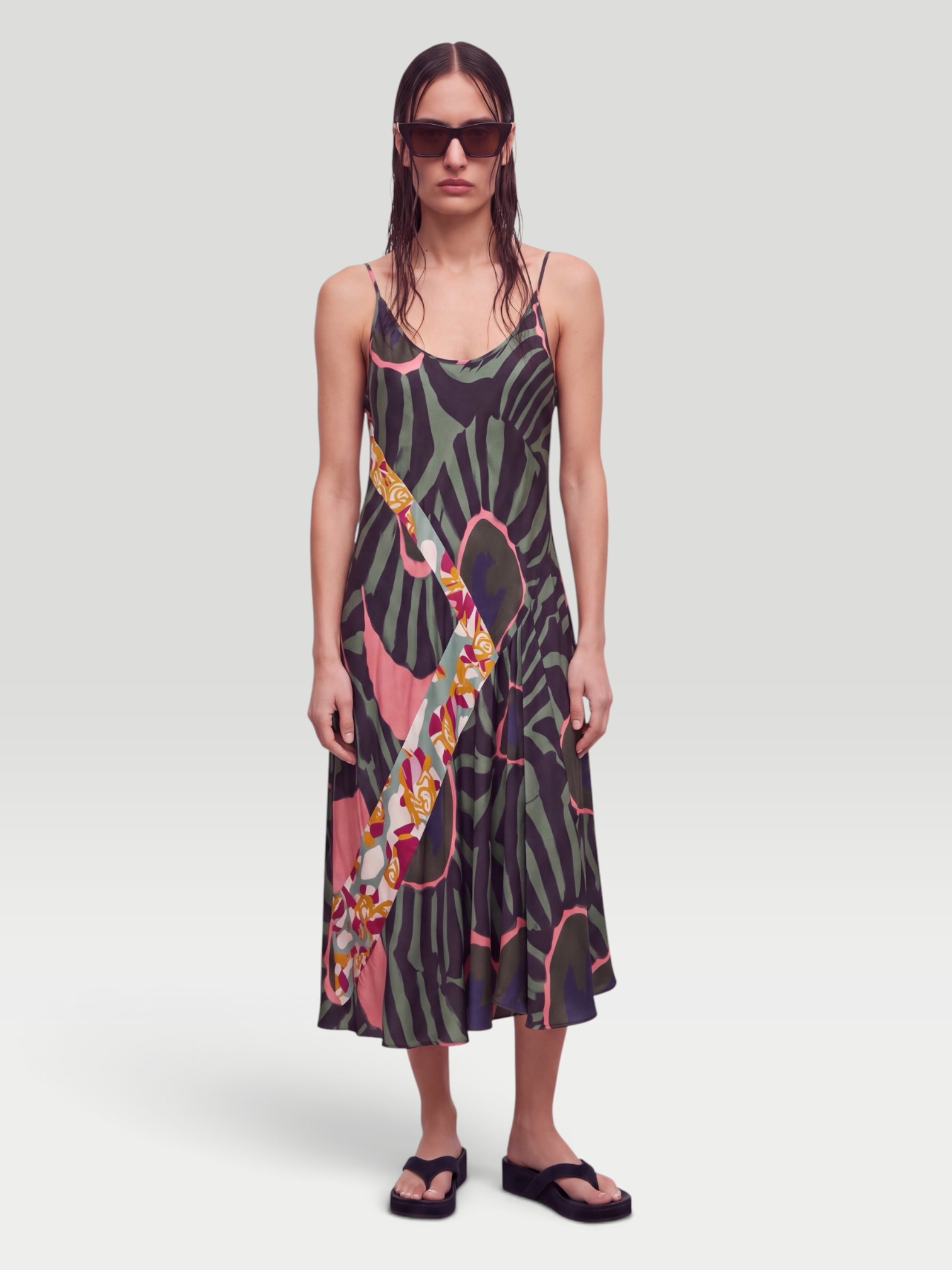Dries Van Noten Dibelle Patchwork Satin Midi Slip Dress in khaki. Styled by Sharon Lombardo for FDV Concierge.