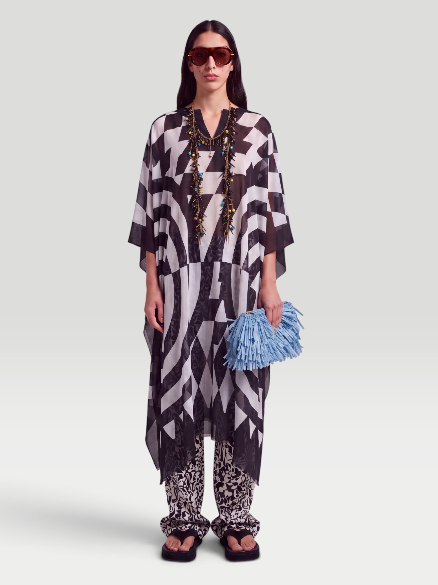 Dries Van Noten Printed Cotton Kaftan in black/white. Styled by Sharon Lombardo for FDV Concierge.