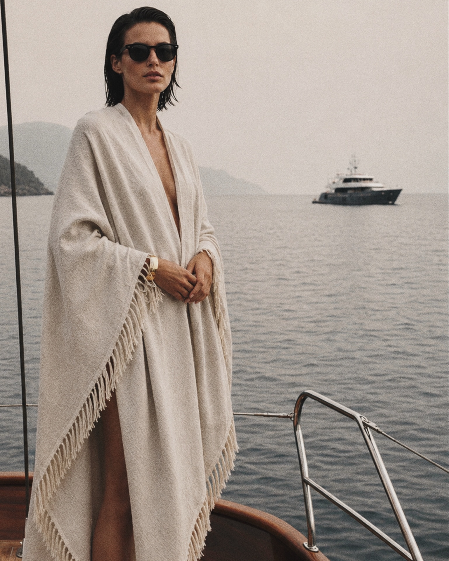 Brunello Cucinelli Fringed Linen Blend Scarf in neutral. Styled by Sharon Lombardo for FDV Concierge.
