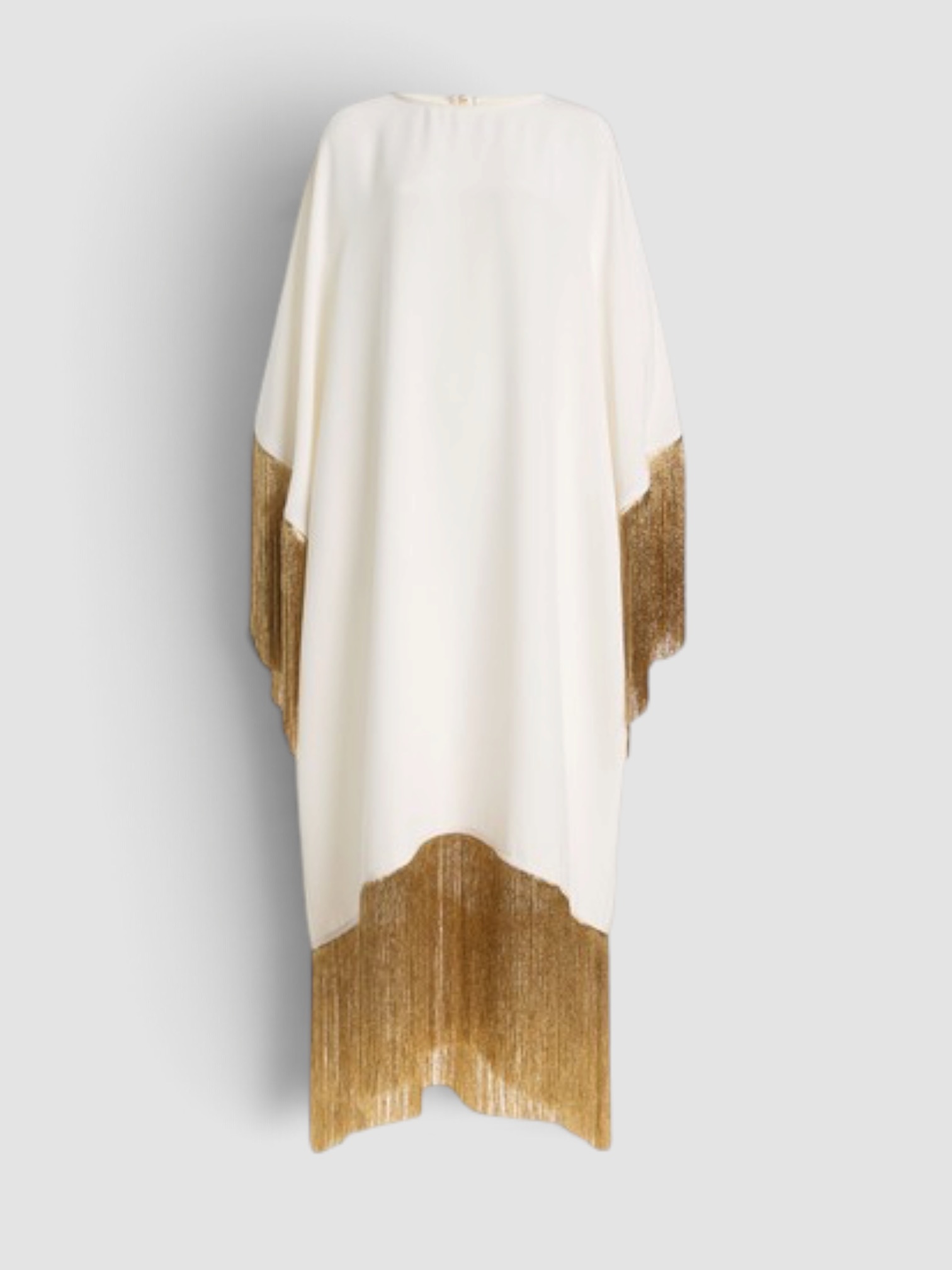 Françoise Fiona Fringed Crepe Caftan in ivory. Styled by Sharon Lombardo for FDV Concierge.