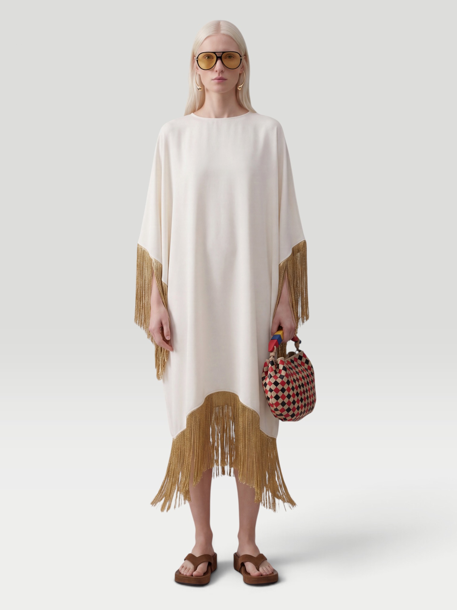 Françoise Fiona Fringed Crepe Caftan in ivory. Styled by Sharon Lombardo for FDV Concierge.