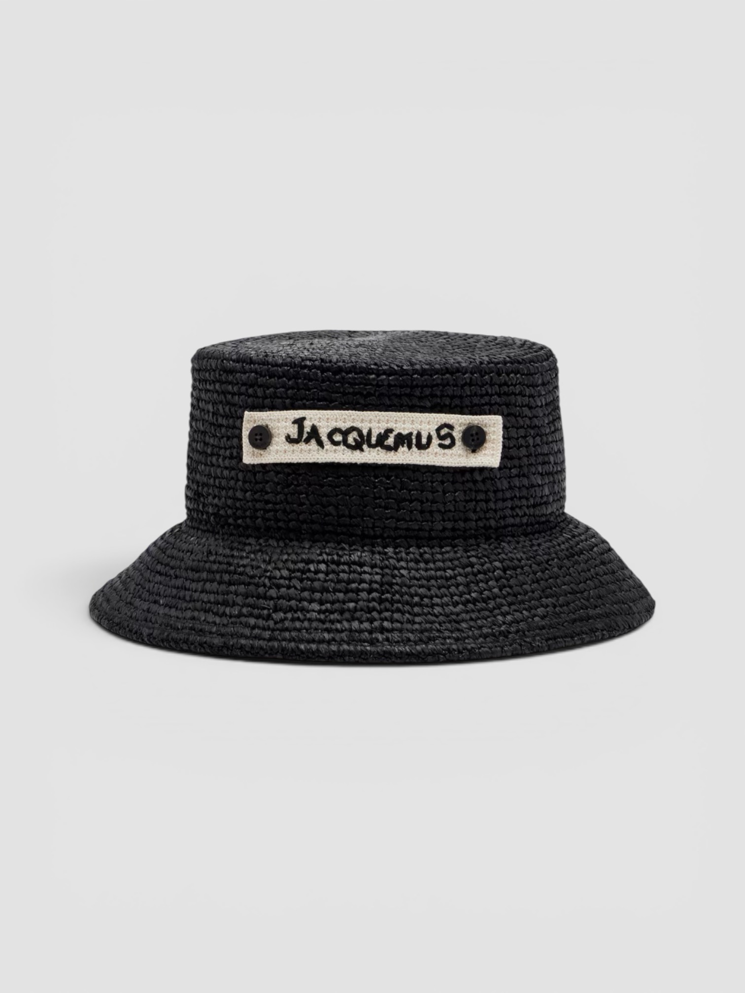 Jacquemus Le Bob Plage Raffia Bucket Hat in black.