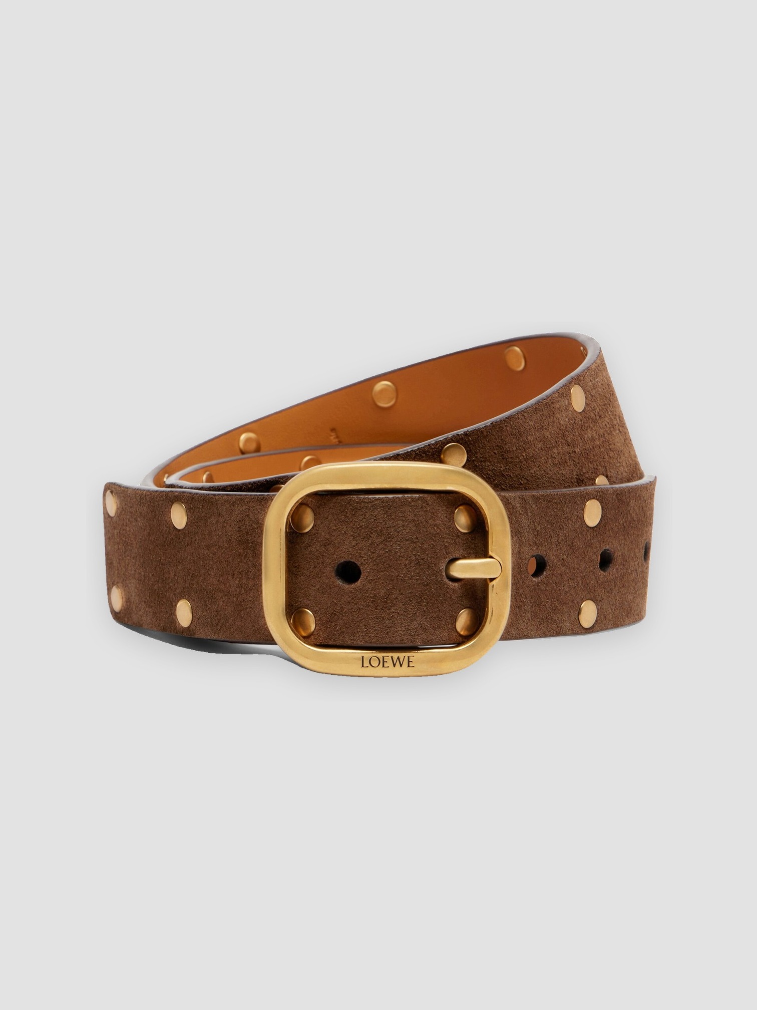 Loewe Studded Suede Belt in wood.
