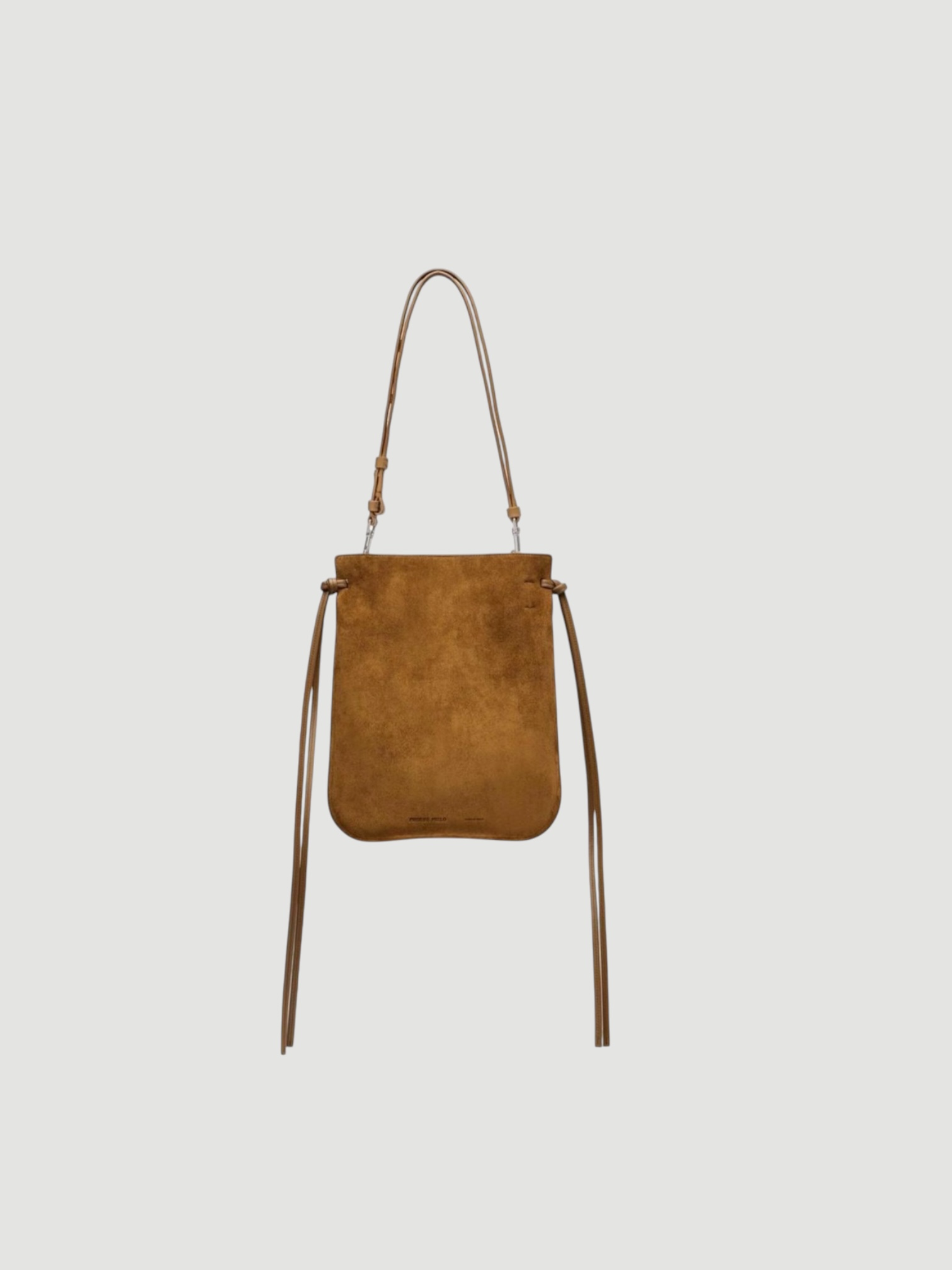 Phoebe Philo Gig Pouch Suede Shoulder Bag in toffee silver, worn with HEIRLOME Monica Dress. Styled by Sharon Lombardo for FDV Concierge.