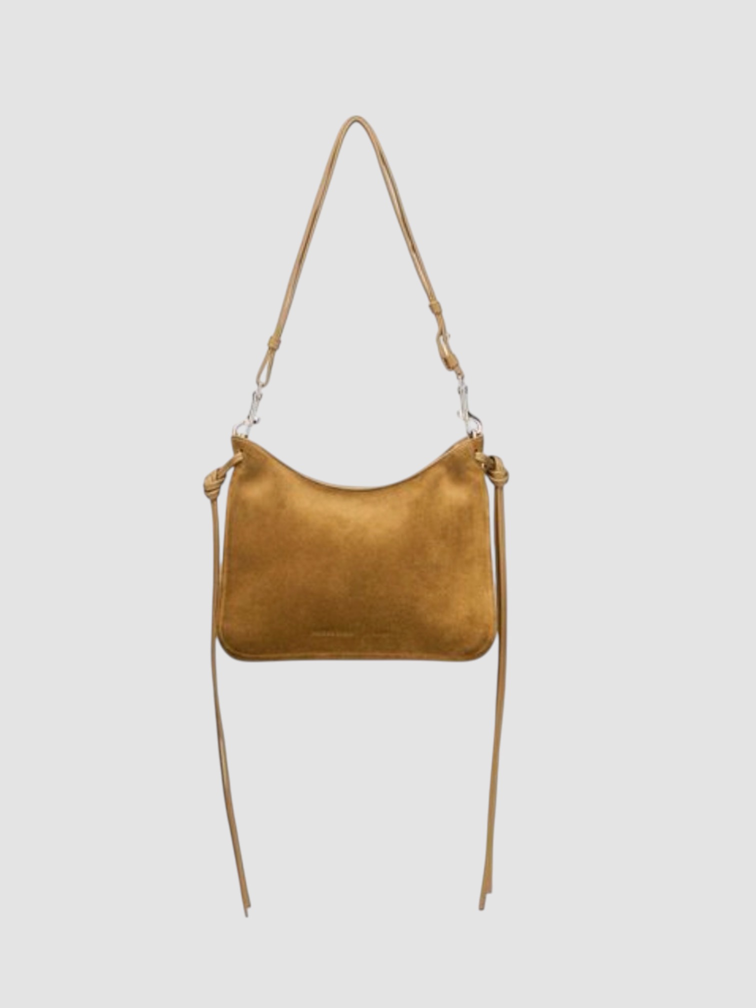Phoebe Philo Small Gig Suede Shoulder Bag in toffee silver, worn with HEIRLOME Monica Dress. Styled by Sharon Lombardo for FDV Concierge.