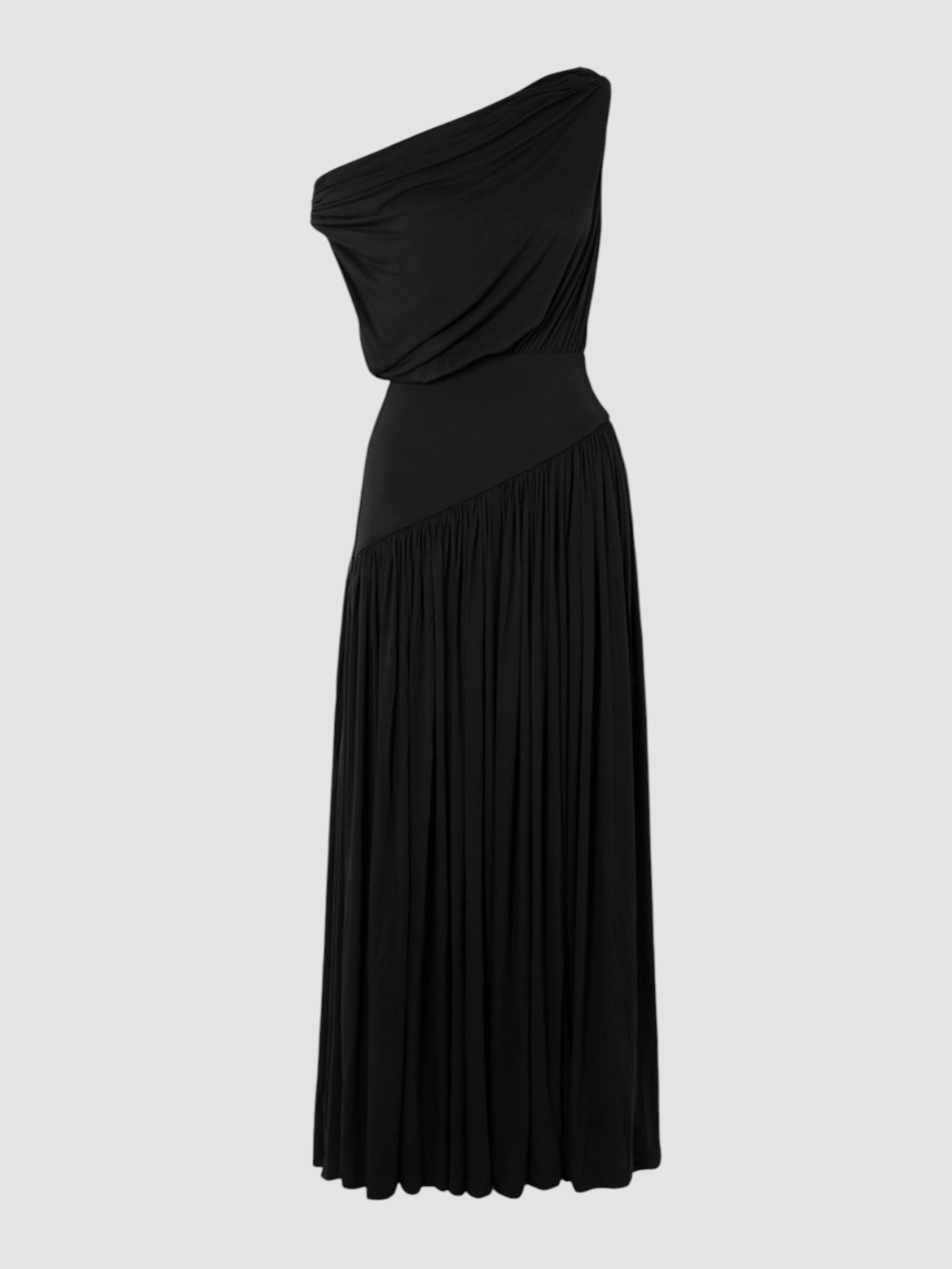 Abadia Gwen One-Shoulder Maxi Dress in black, worn with Bottega Veneta Sampieri Flat Thong. Styled by Sharon Lombardo for FDV Concierge.