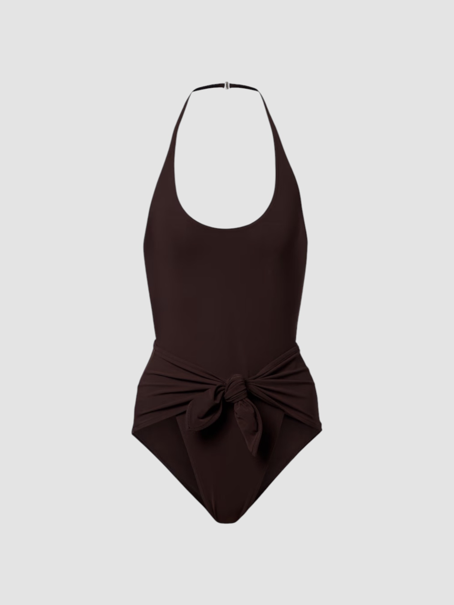 Alaïa Draped Halterneck Swimsuit in brown. Styled by Sharon Lombardo for FDV Concierge.