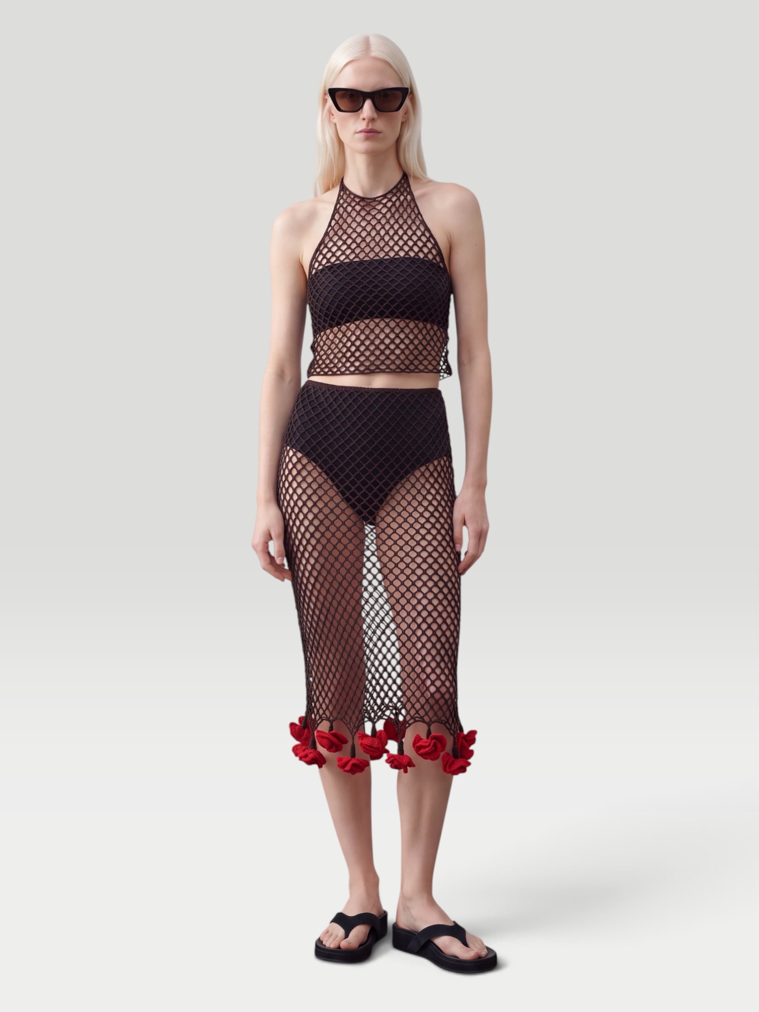Alaïa Open-Knit Cotton Midi Skirt in brown. Styled by Sharon Lombardo for FDV Concierge.