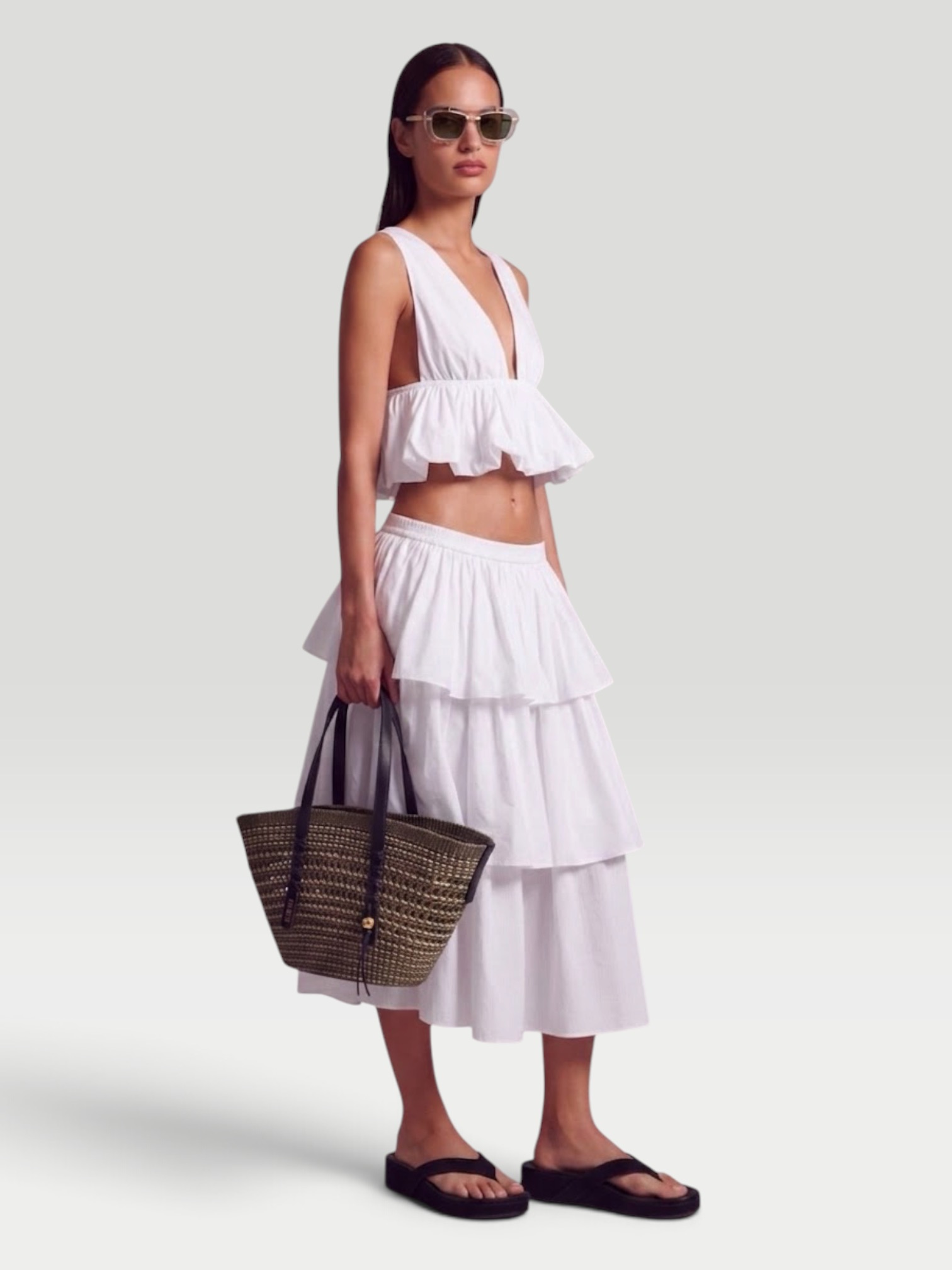 Alaïa Ruffled Tiered Cotton Midi Skirt in white. Styled by Sharon Lombardo for FDV Concierge.