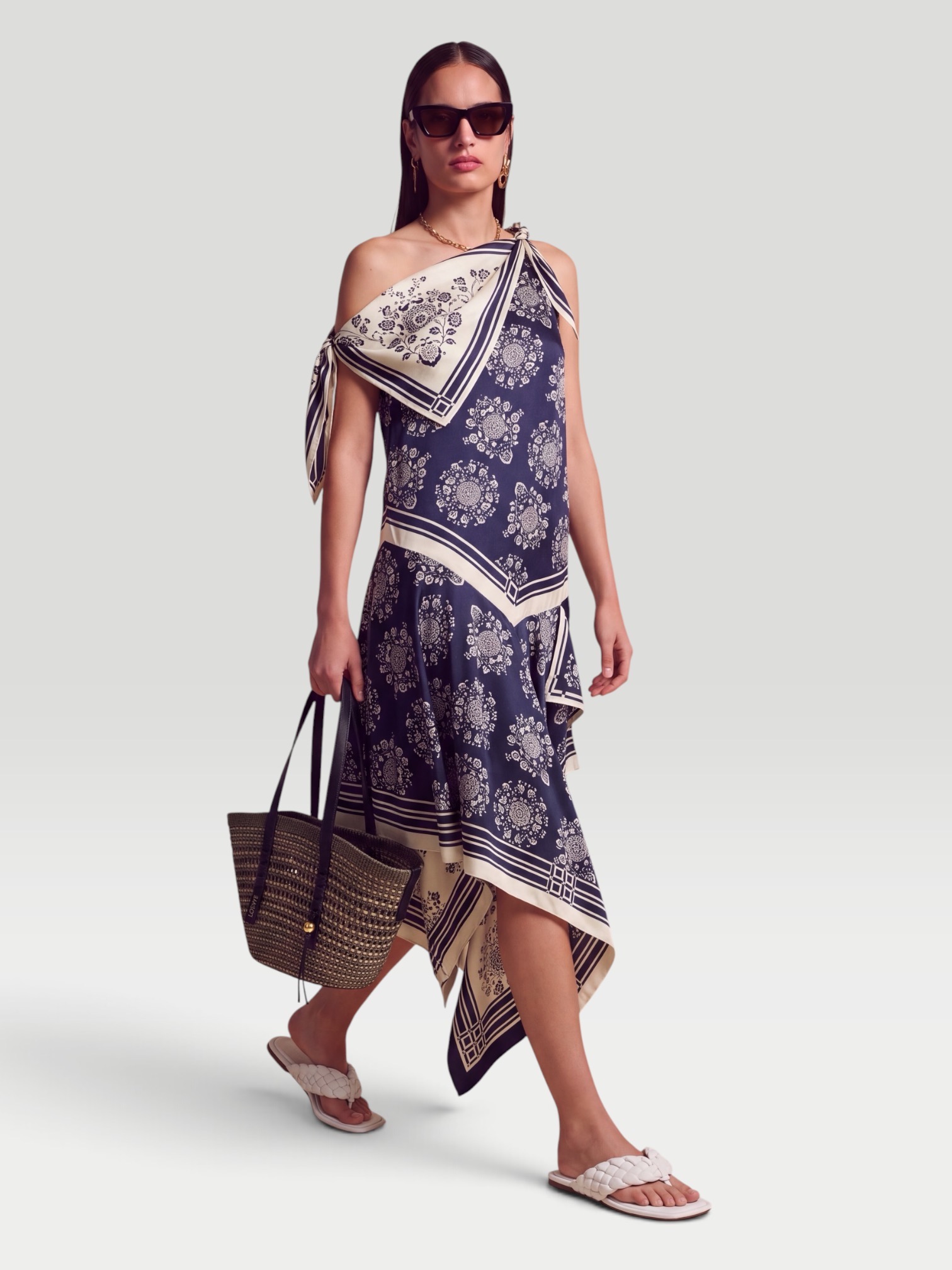Alémais Banderra Silk Scarf Dress in navy/cream. Styled by Sharon Lombardo for FDV Concierge.
