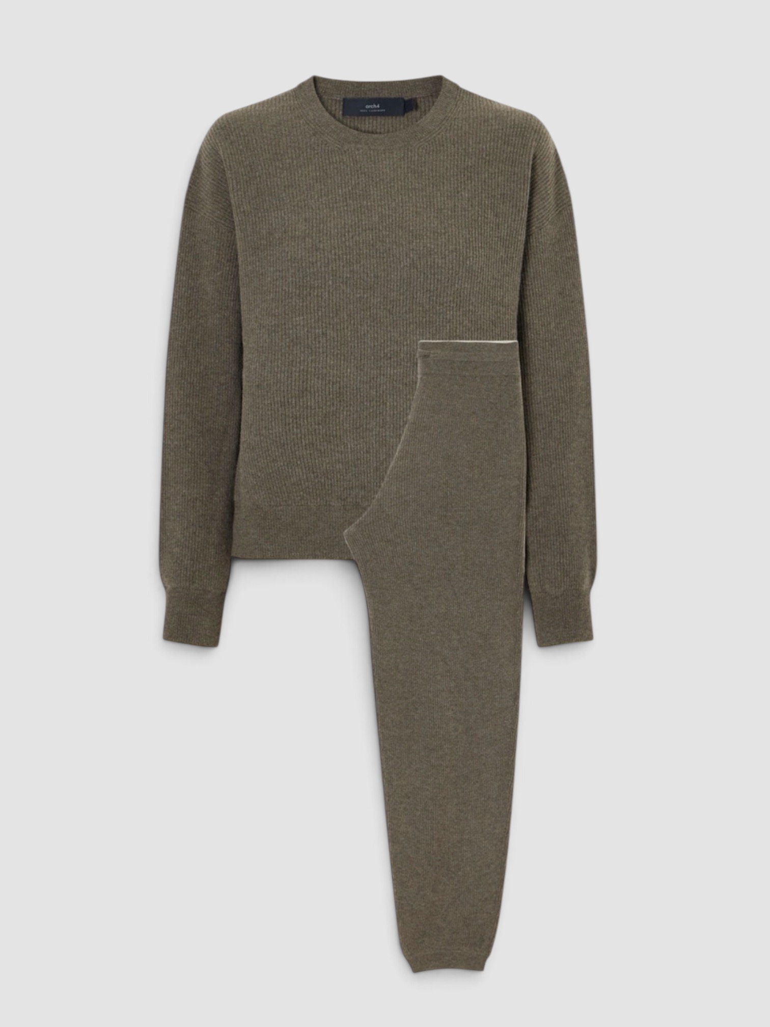 ARCH4 Elsa Ribbed Cashmere Sweater and Pants Set in olive. Styled by Sharon Lombardo for FDV Concierge.