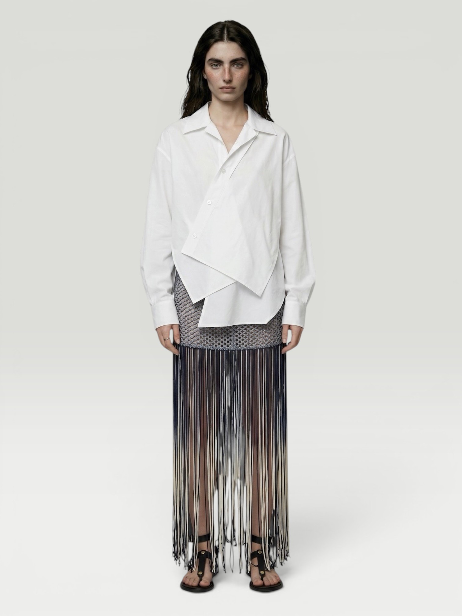 Attersee Palomar Crochet Fringe Trim Maxi Skirt in navy.