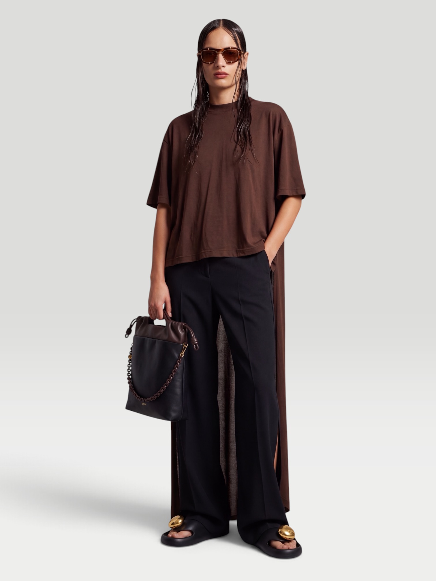 Balenciaga Asymmetric Cotton-Blend Jersey T-Shirt in brown (moka). Styled by Sharon Lombardo for FDV Concierge.