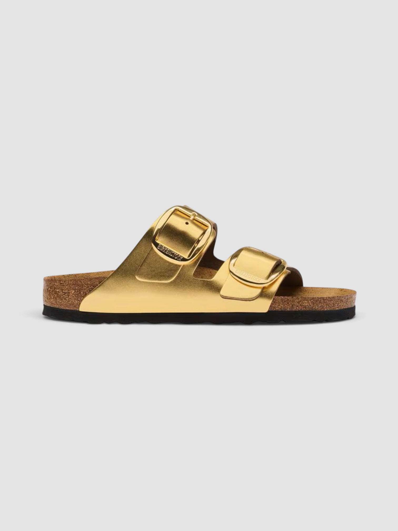 Birkenstock Arizona Big Buckle in metallic gold.