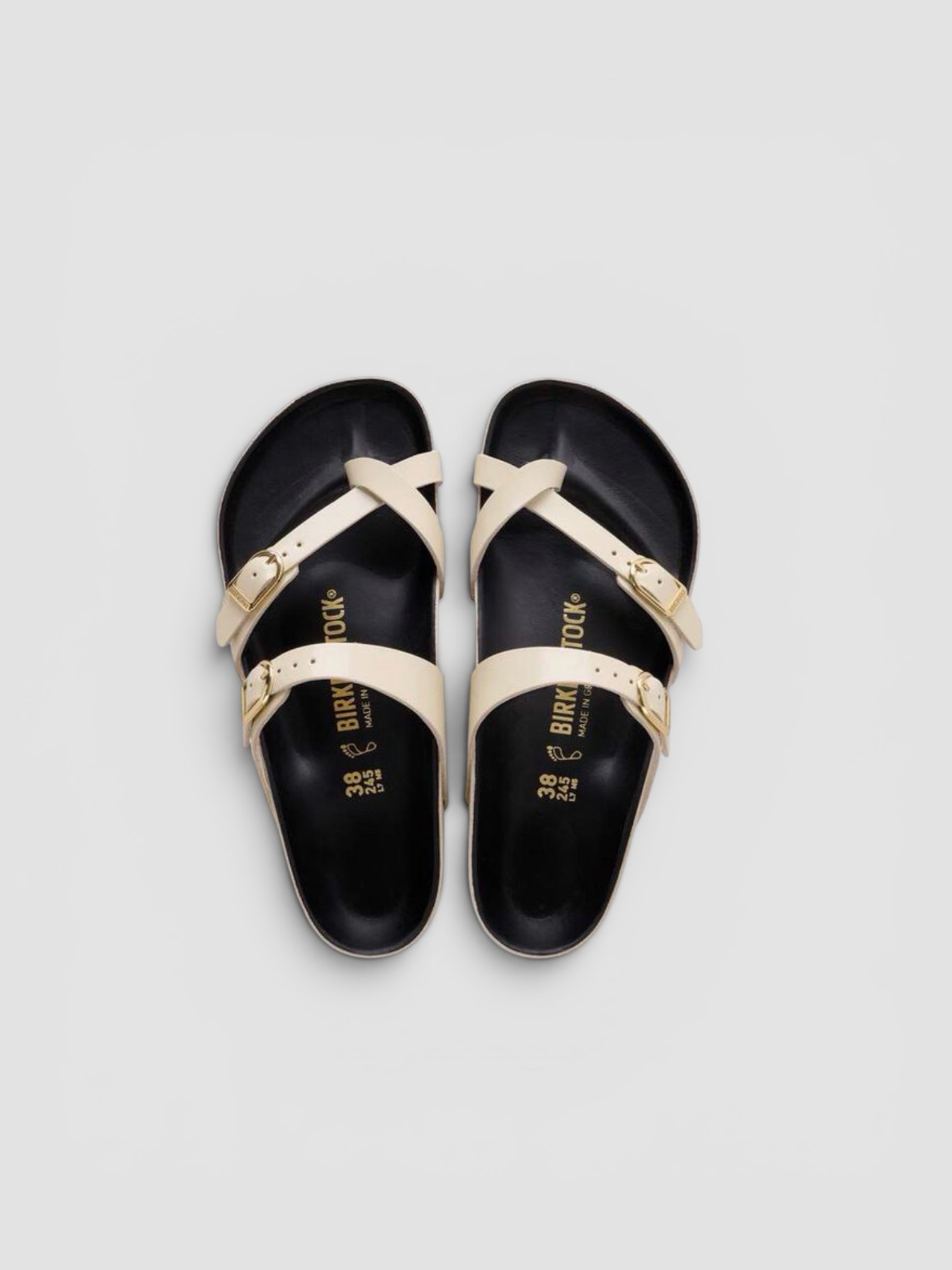 Birkenstock Mayari Natural Leather Patent in ecru/black.