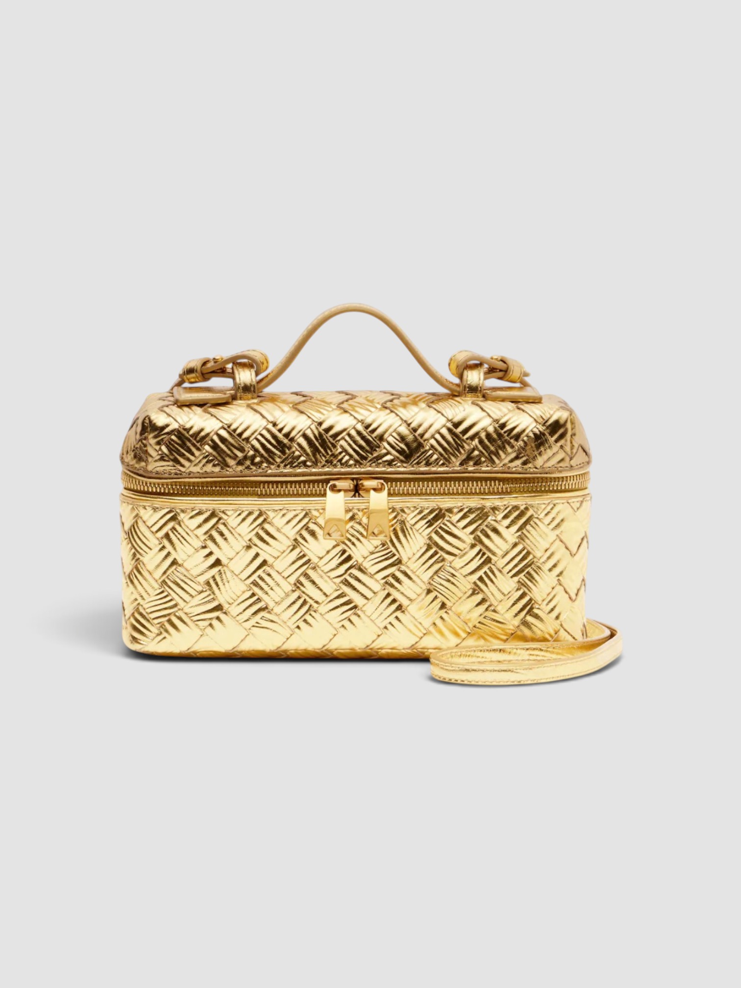 Bottega Veneta Bang Bang Metallic Leather Vanity Bag in gold, worn with FIL DE VIE Isadora Dress. Styled by Sharon Lombardo for FDV Concierge.