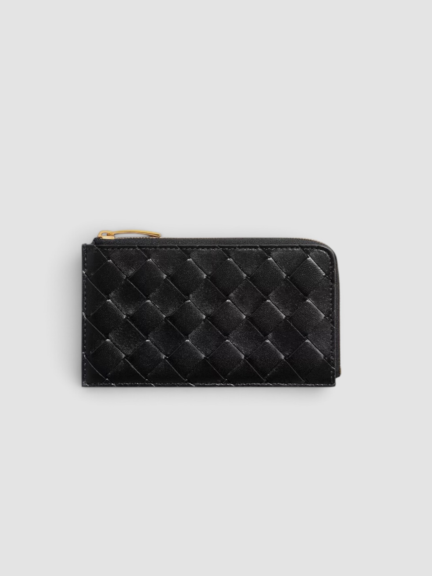 Bottega Veneta Intrecciato L-Zipped Card Case in black.