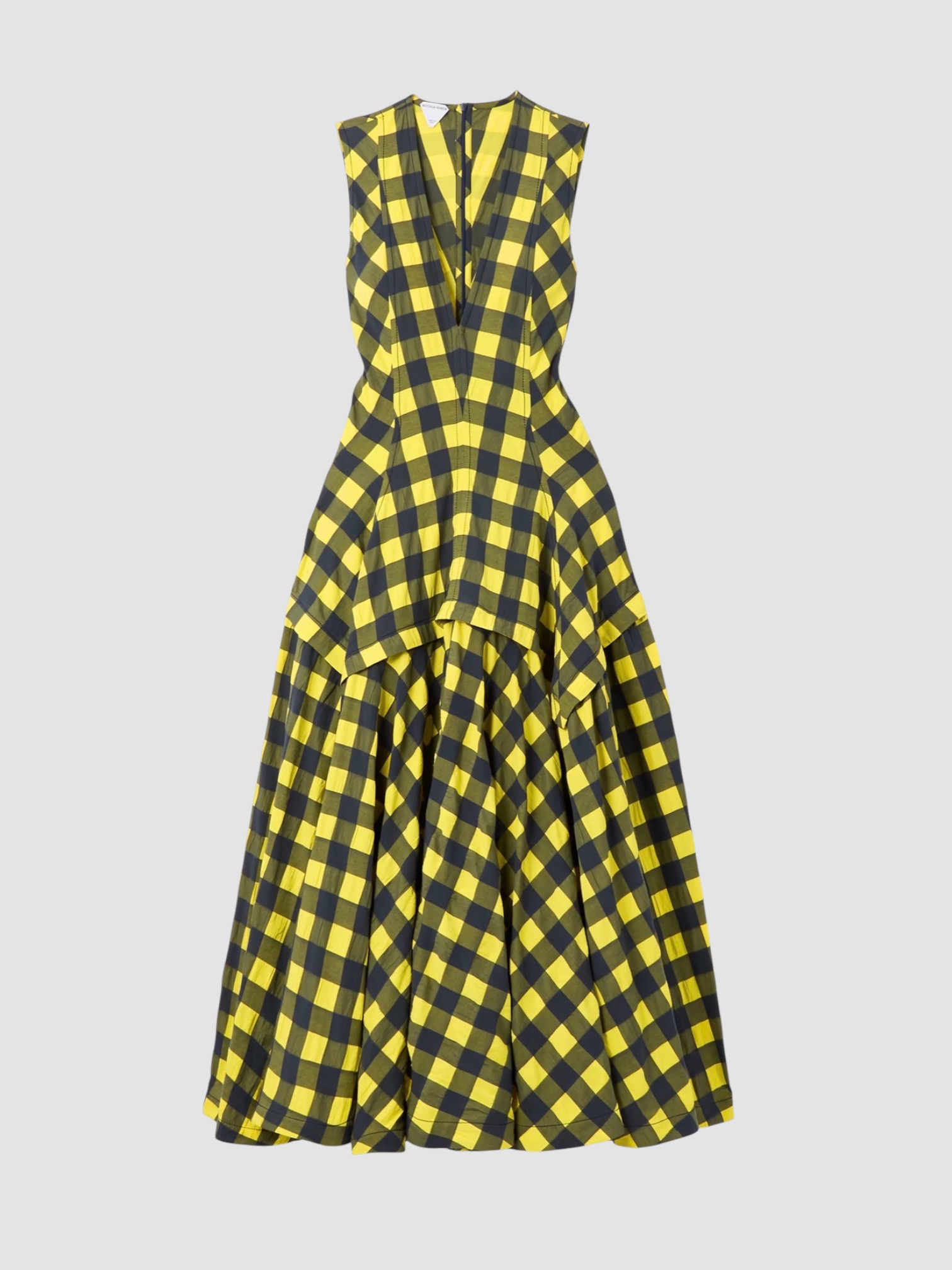 Bottega Veneta Pleated Paneled Checked Cotton Midi Dress in yellow/navy. Styled by Sharon Lombardo for FDV Concierge.