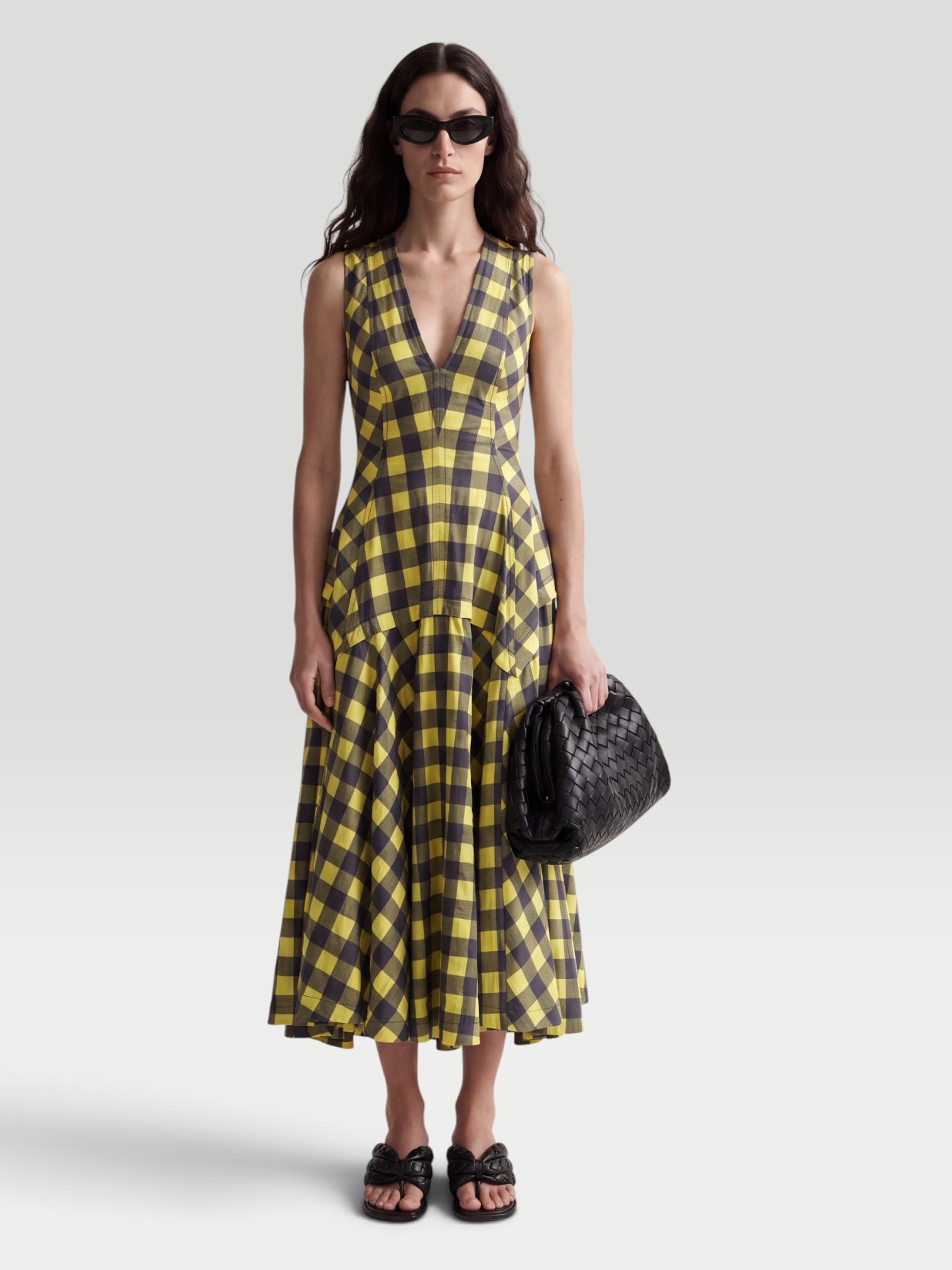 Bottega Veneta Pleated Paneled Checked Cotton Midi Dress in yellow/navy. Styled by Sharon Lombardo for FDV Concierge.