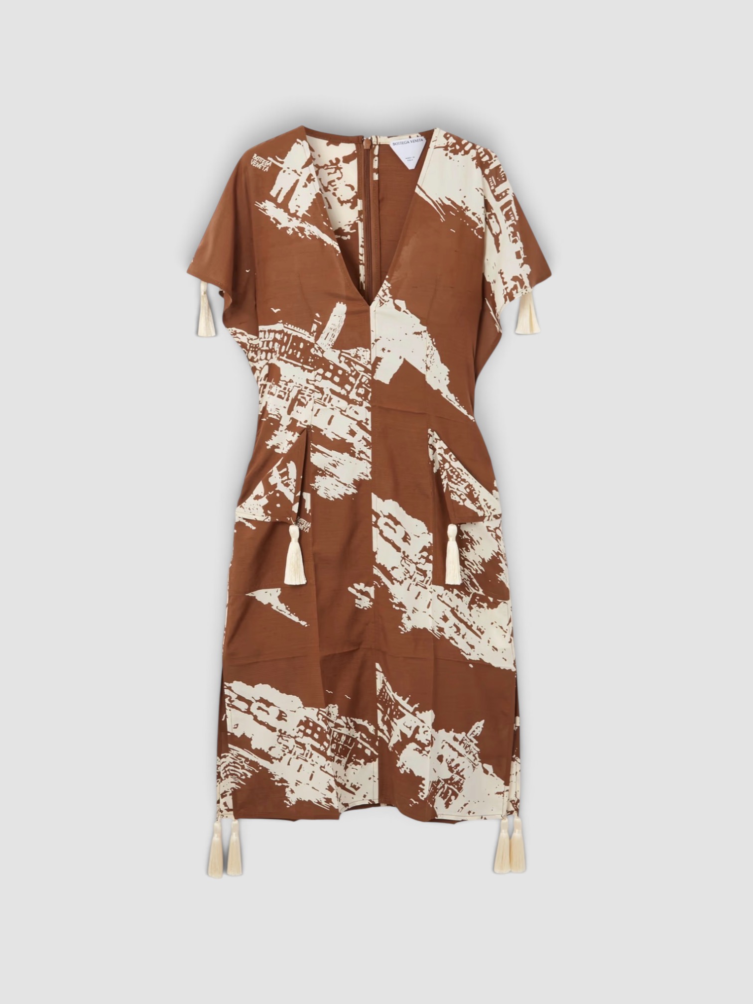 Bottega Veneta Tasseled Printed Silk and Cotton-Blend Shantung Dress in brown/cream. Styled by Sharon Lombardo for FDV Concierge.