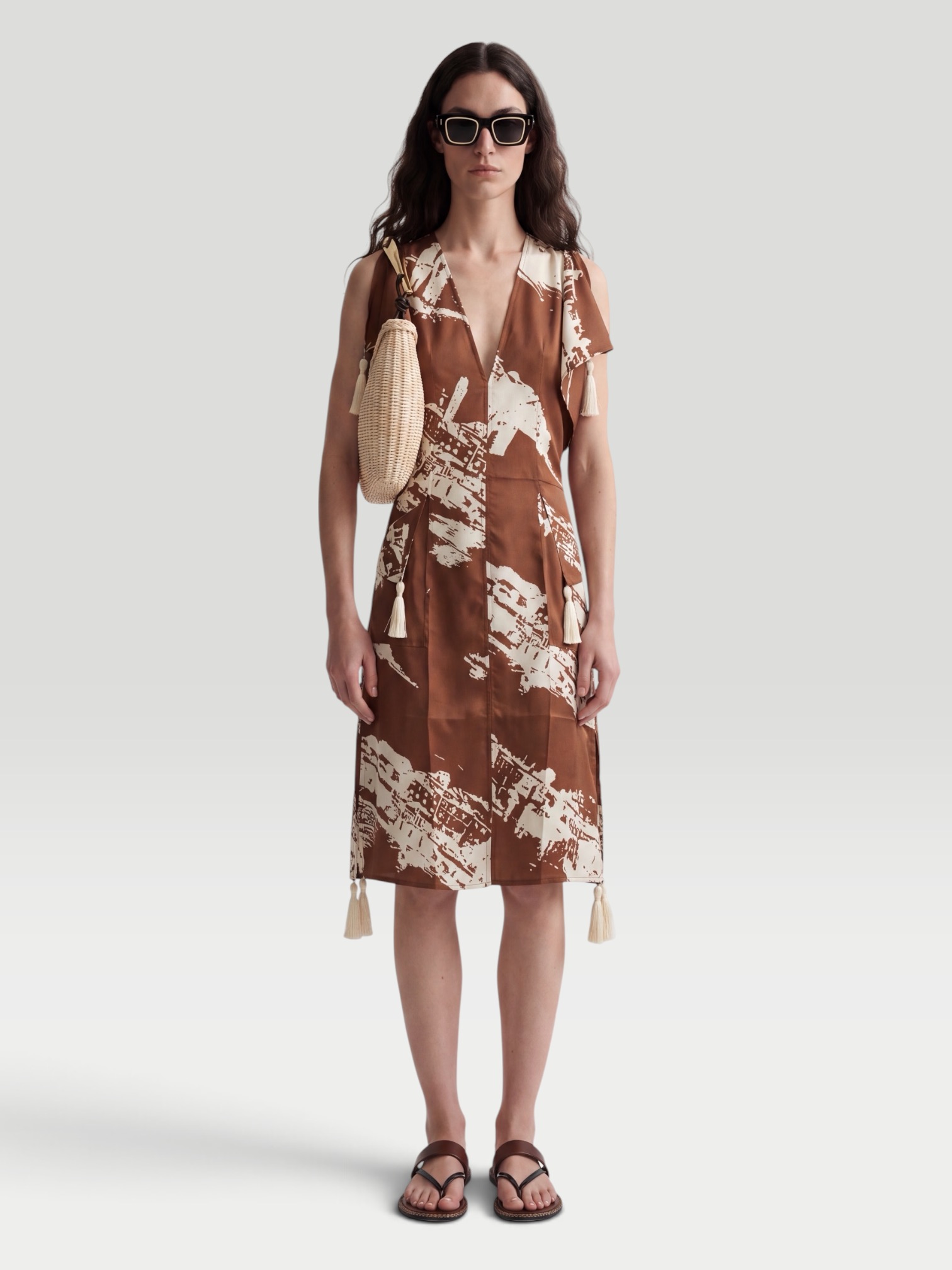 Bottega Veneta Tasseled Printed Silk and Cotton-Blend Shantung Dress in brown/cream. Styled by Sharon Lombardo for FDV Concierge.