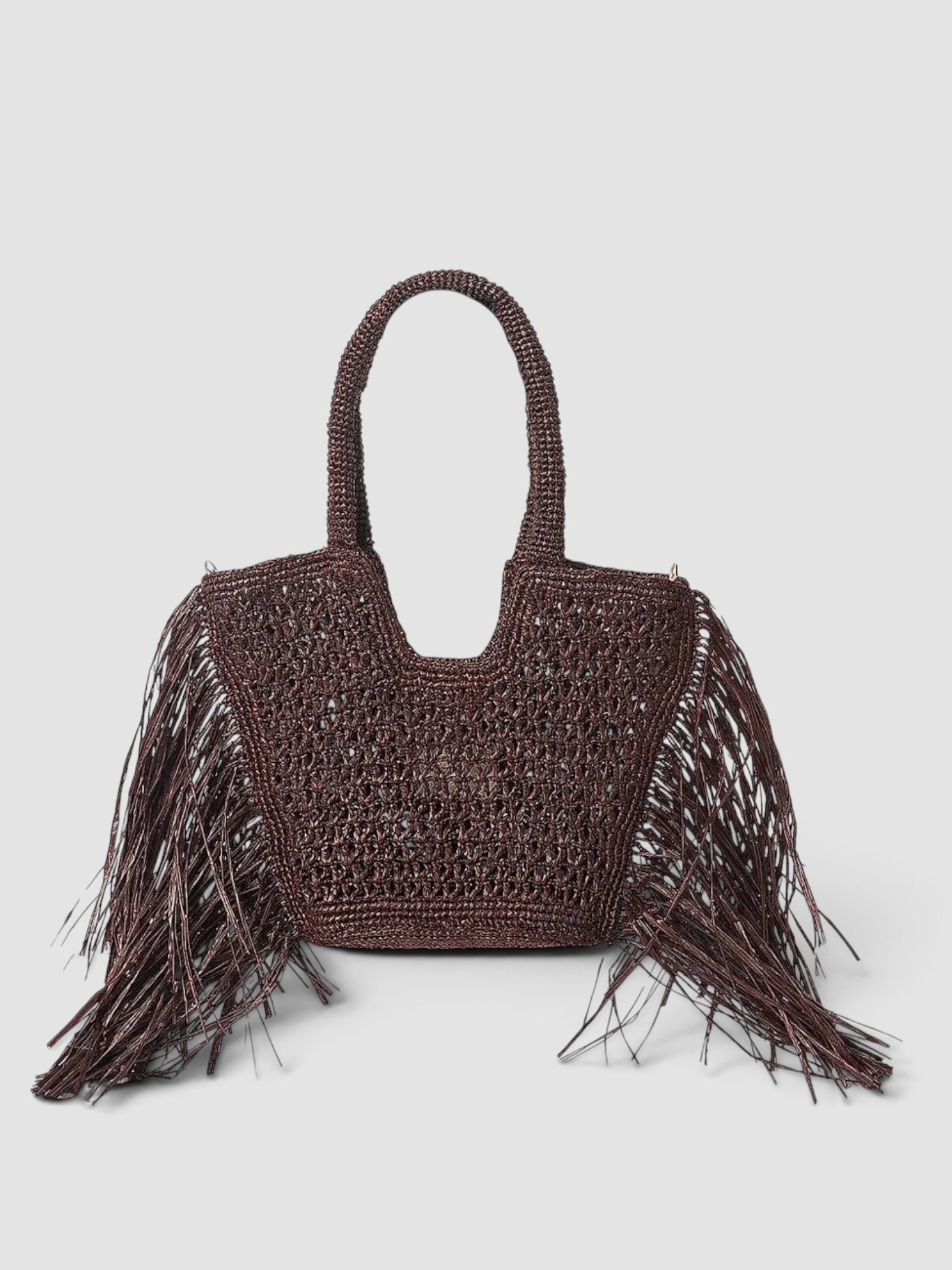 BTB Los Angeles Hunter Mini Fringed Raffia Tote in chocolate, worn with Totême Striped Shirtdress. Styled by Sharon Lombardo for FDV Concierge.
