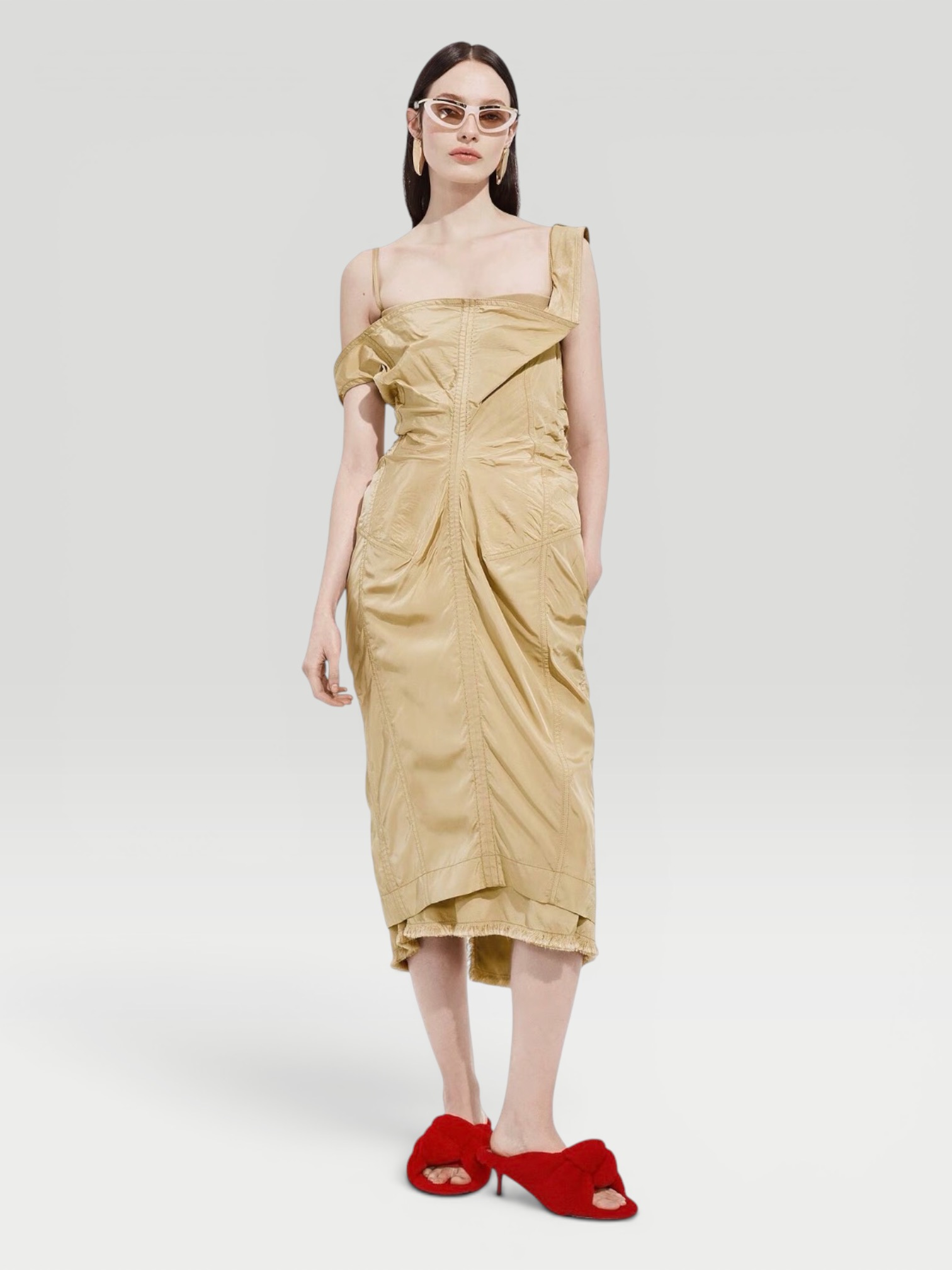Bottega Veneta Washed Silk Taffeta Dress in gold/khaki. Styled by Sharon Lombardo for FDV Concierge.