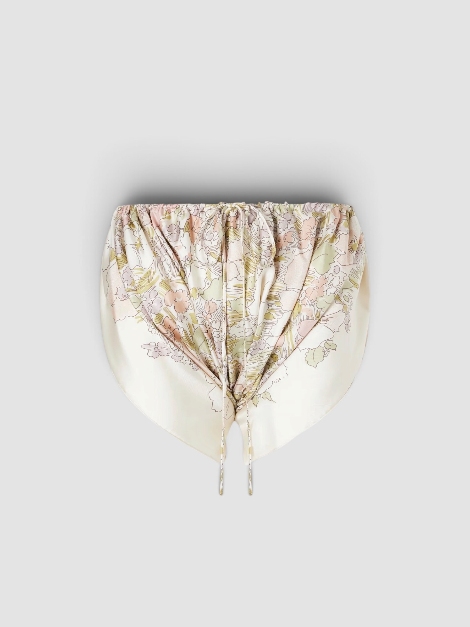 Calvin Klein Collection Gwendolyn Ruched Floral-Print Silk Mini Shorts in cream floral. Styled by Sharon Lombardo for FDV Concierge.