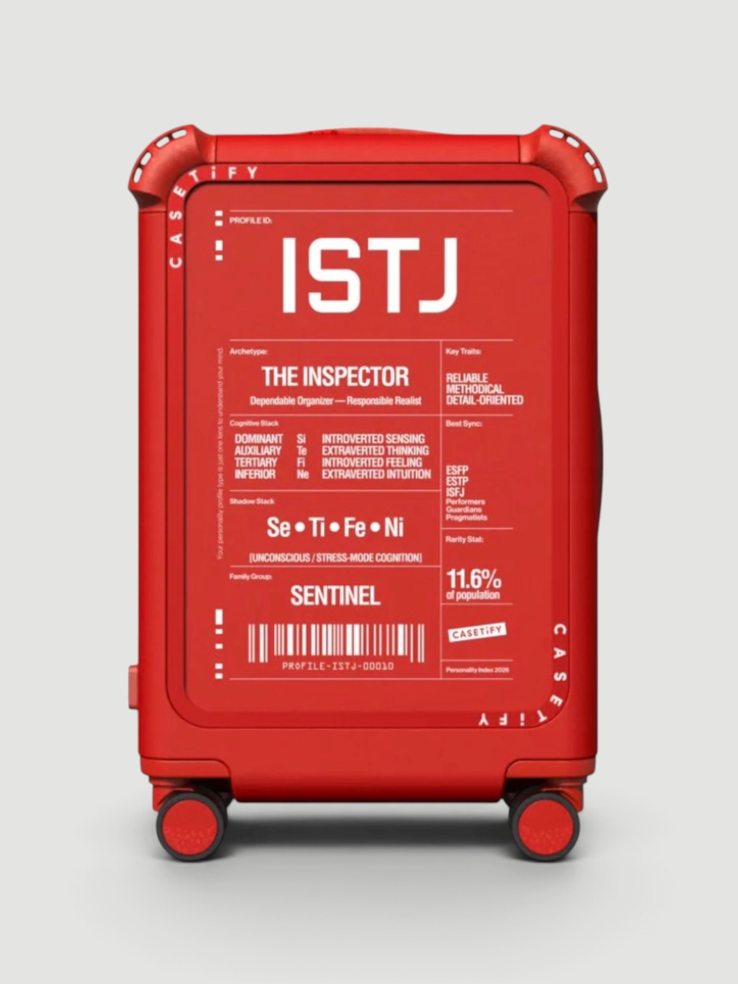 Casetify Bounce Carry-On Suitcase, ISTJ in cherry red.