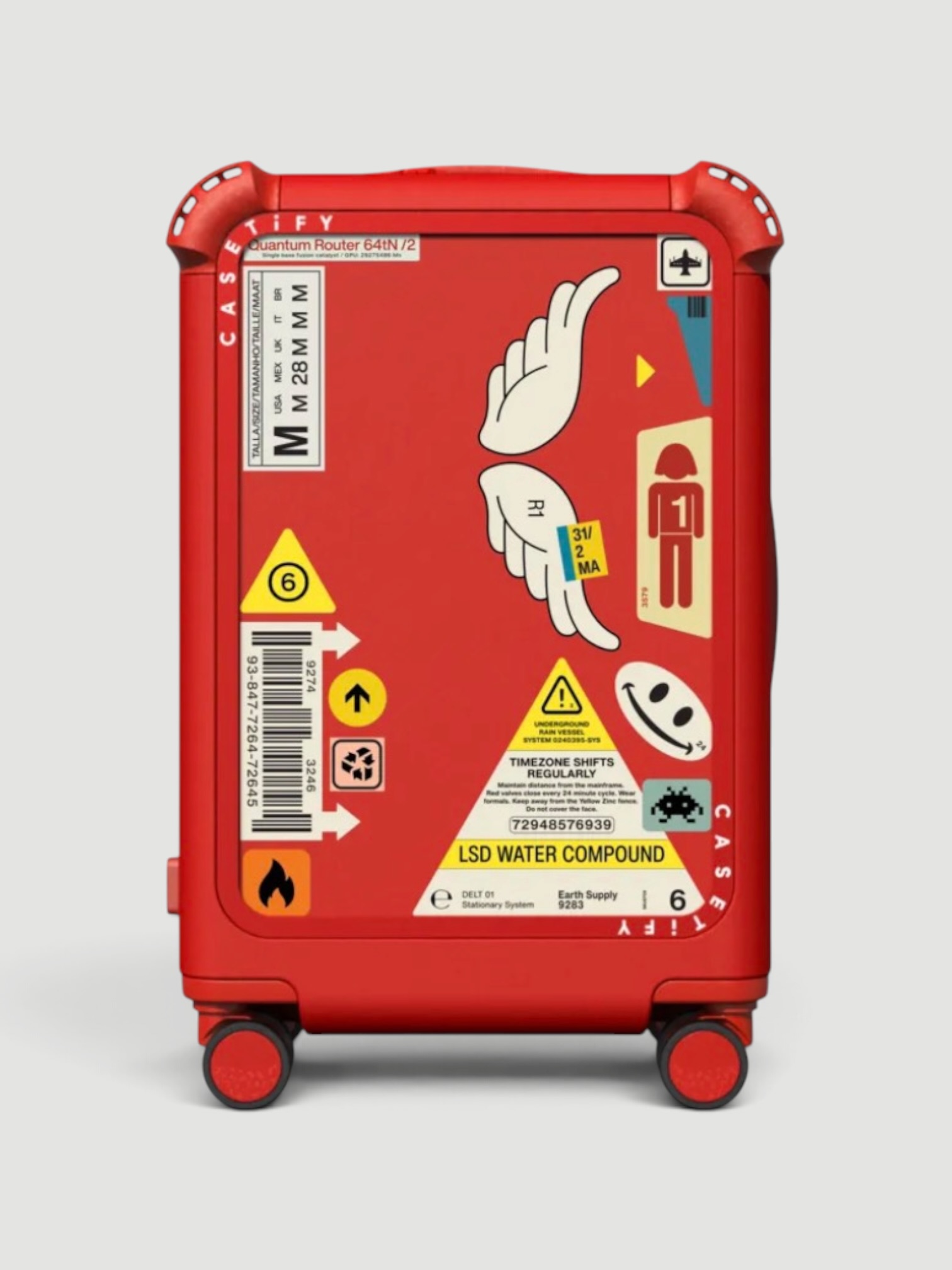 Casetify Bounce Carry-On Suitcase, Stickers by Kunel Gaur in cherry red.