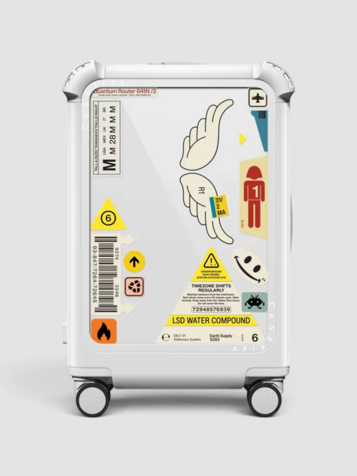 Casetify Bounce Carry-On Suitcase, Stickers by Kunel Gaur in glossy cloud white.