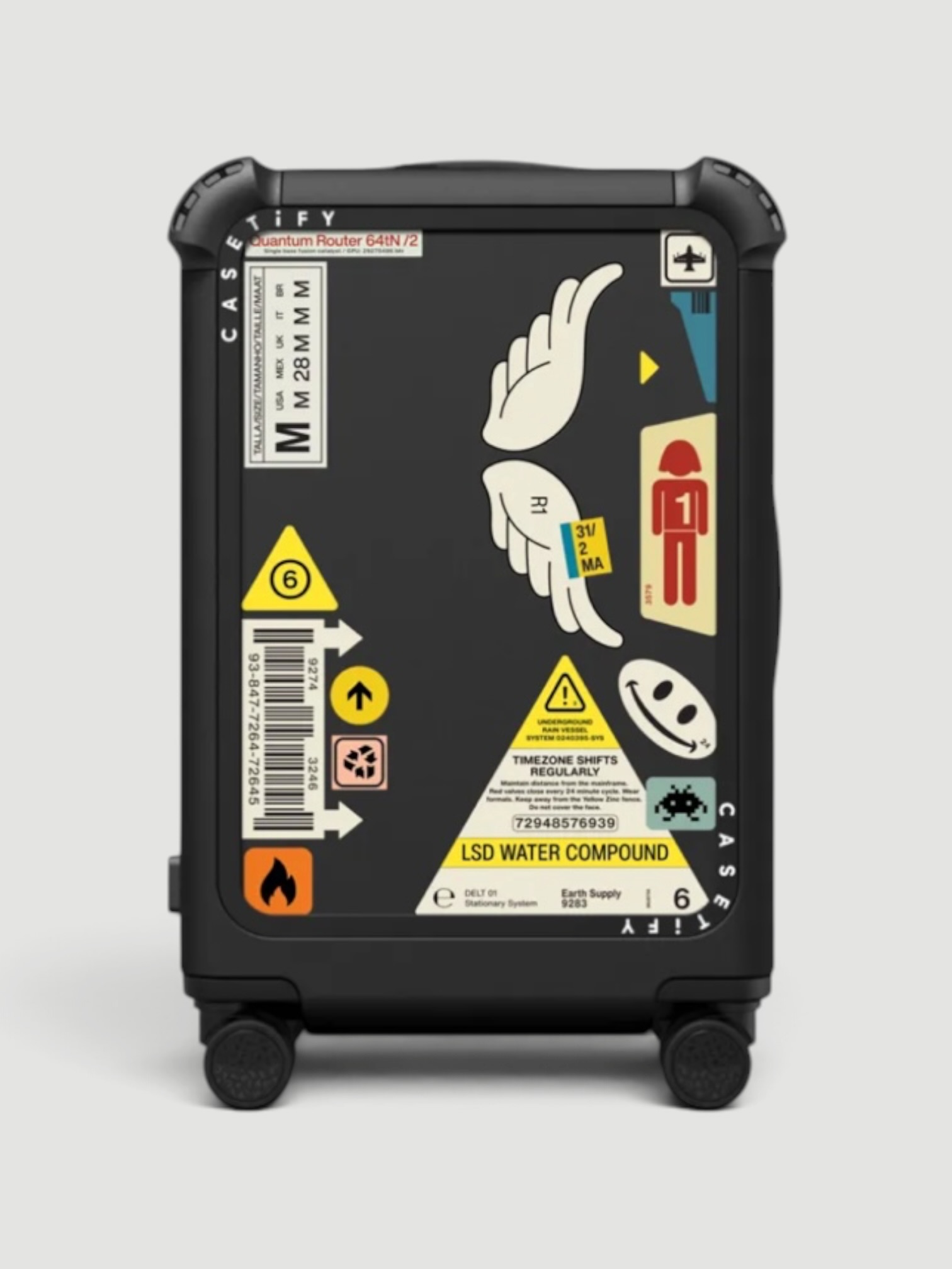 Casetify Bounce Carry-On Suitcase, Stickers by Kunel Gaur in matte black.