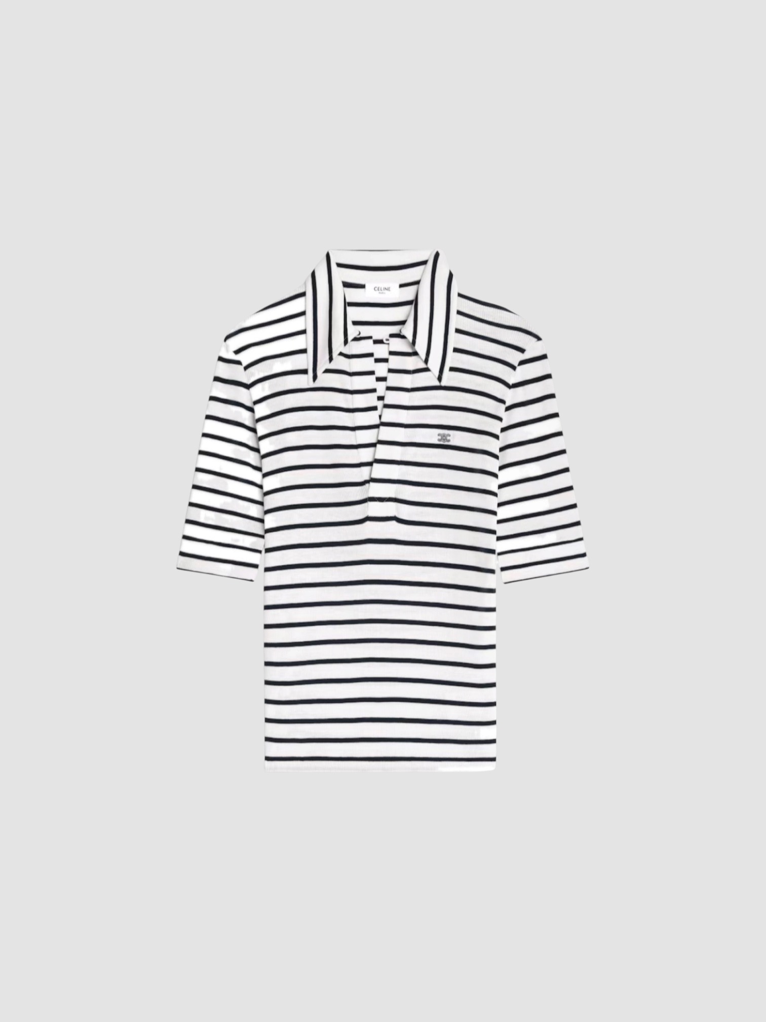 Celine Polo Shirt in Striped Silk Jersey in ivory navy stripe. Styled by Sharon Lombardo for FDV Concierge.
