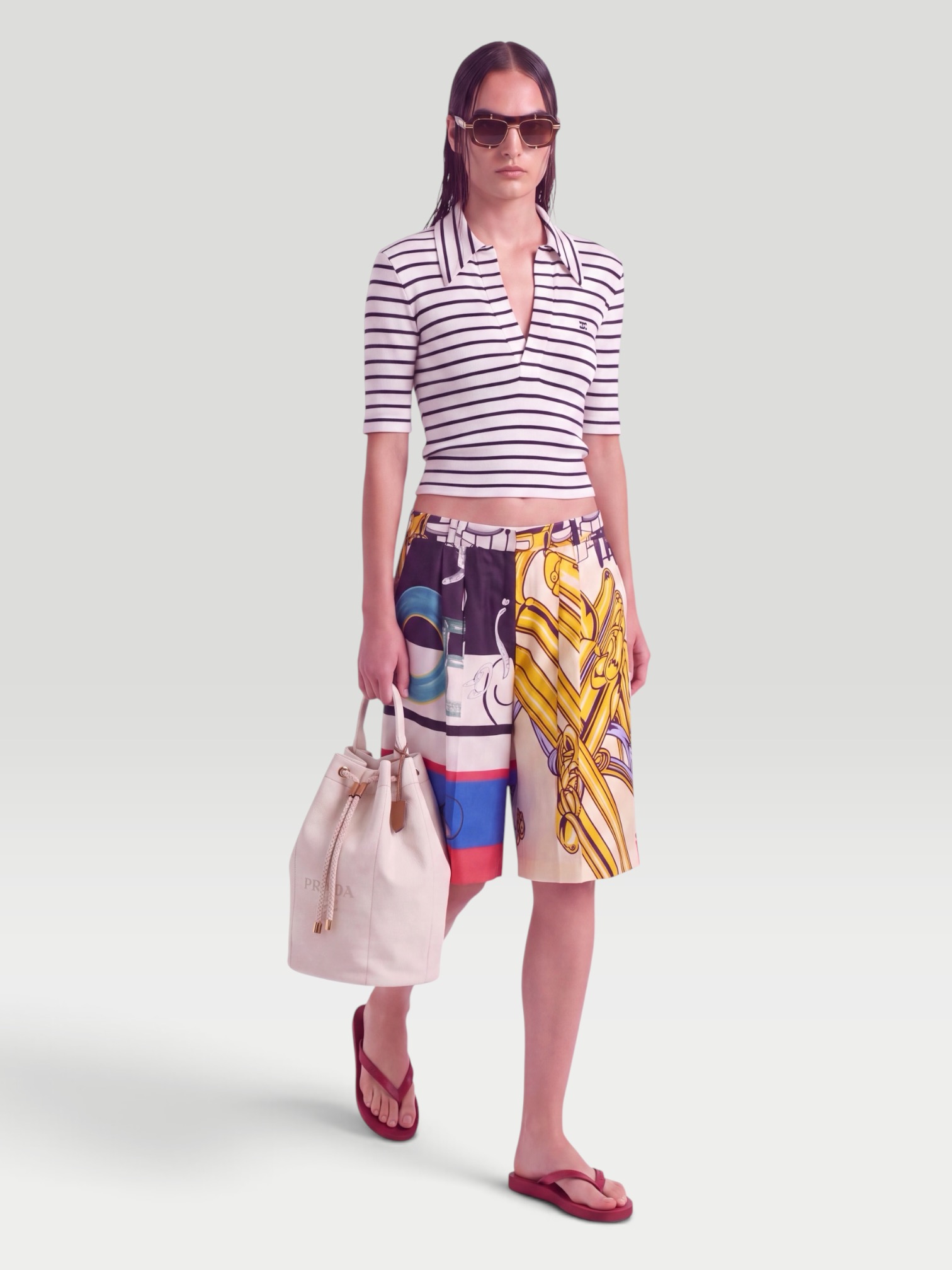 Celine Polo Shirt in Striped Silk Jersey in ivory navy stripe. Styled by Sharon Lombardo for FDV Concierge.