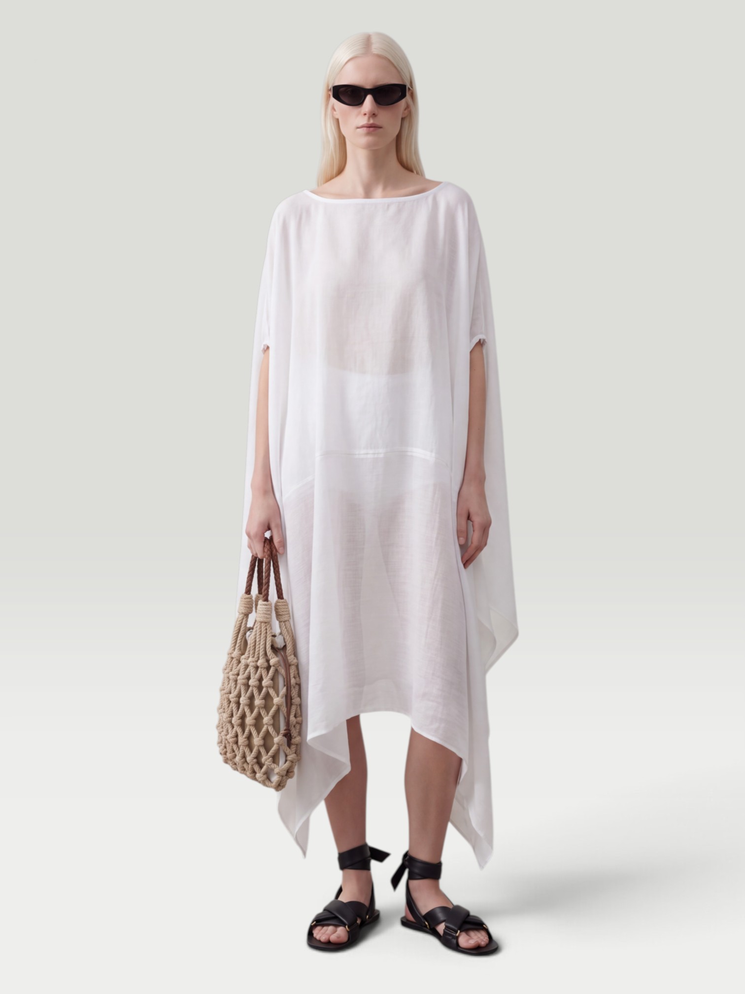 Chan Luu High Low Cotton Silk Caftan in cream. Styled by Sharon Lombardo for FDV Concierge.