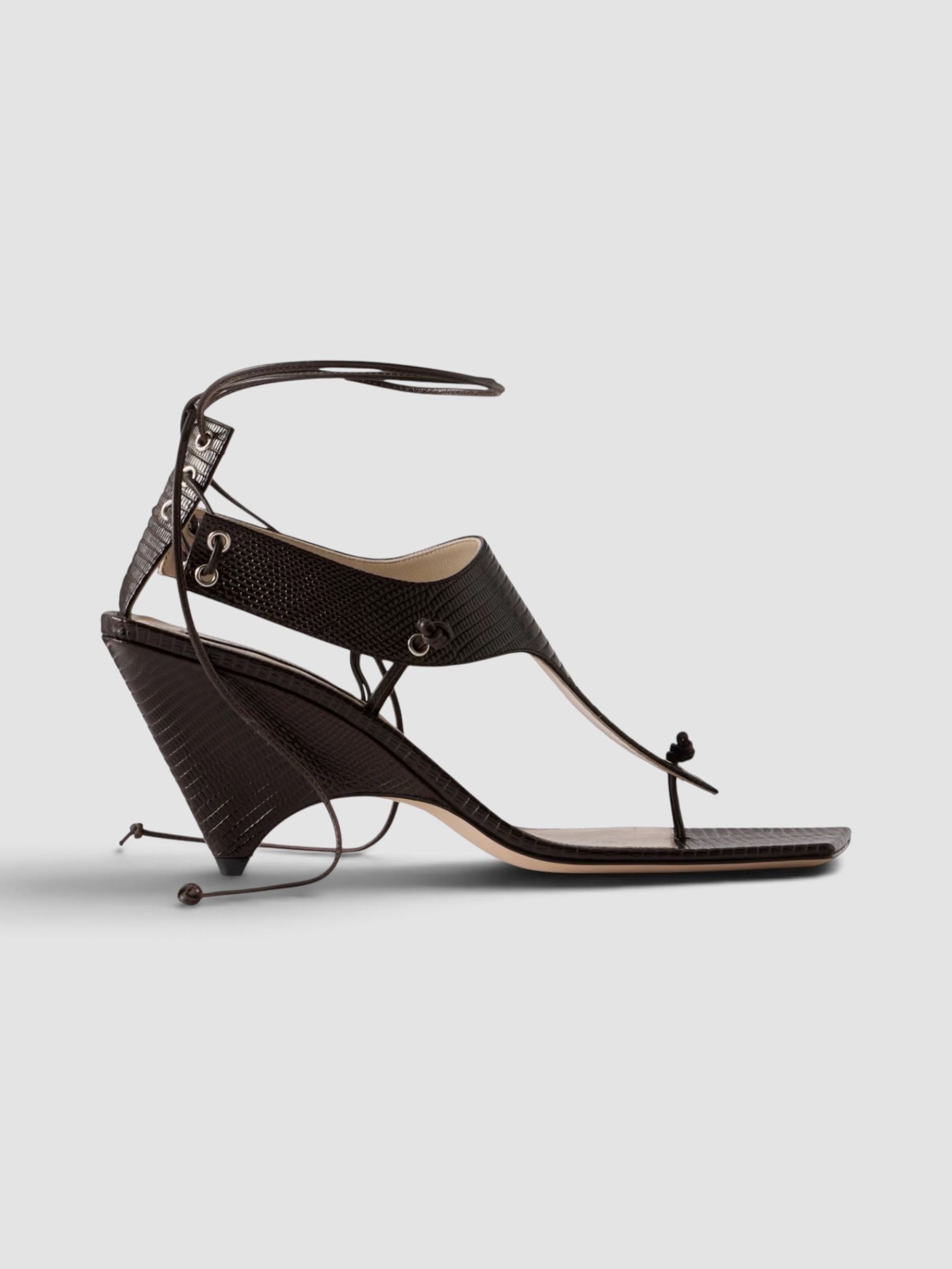 Christen Edge T-Strap 75 Textured Leather Sandals in dark brown.