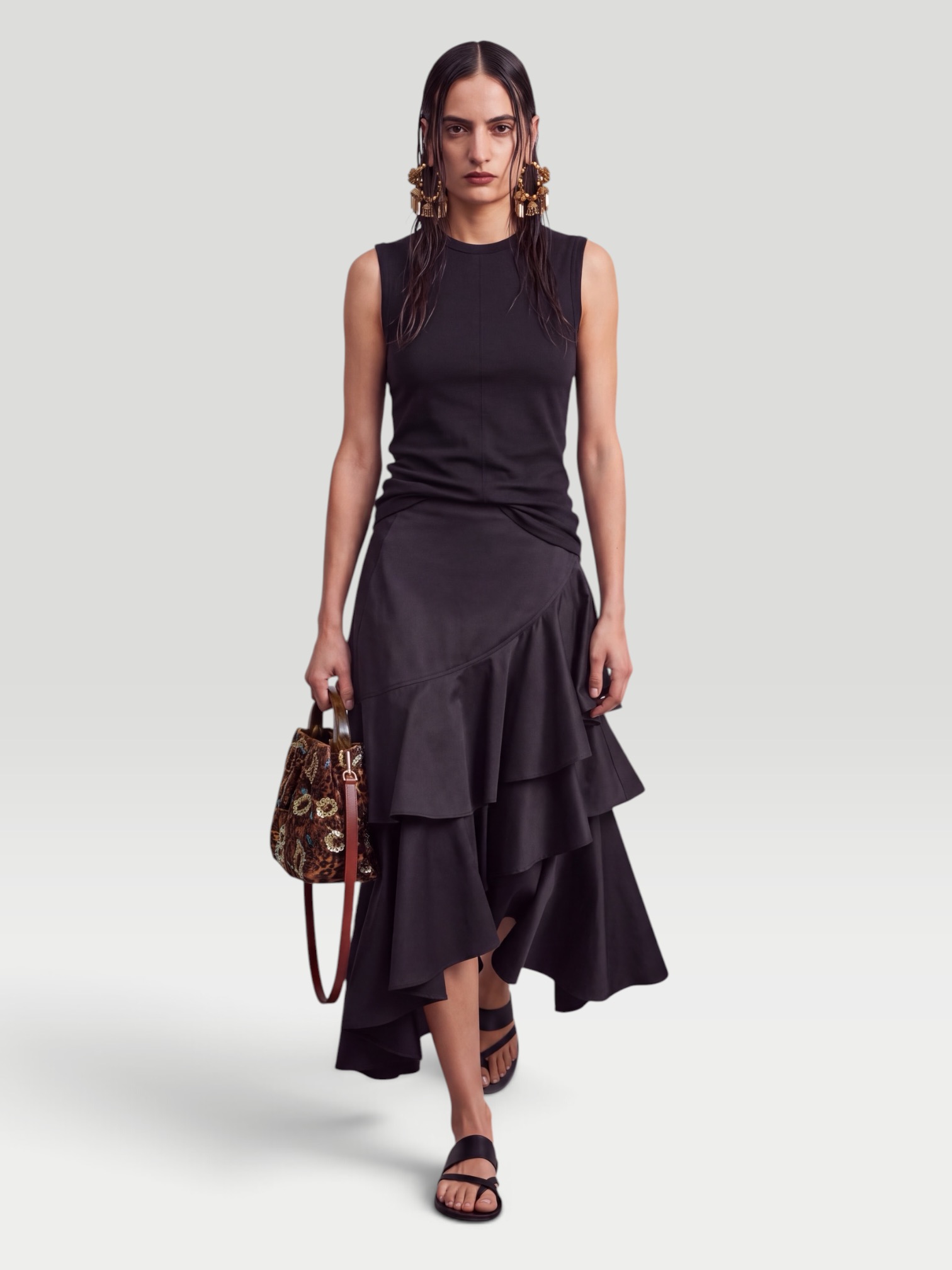 CO Asymmetric Cotton Poplin Full Skirt in black. Styled by Sharon Lombardo for FDV Concierge.