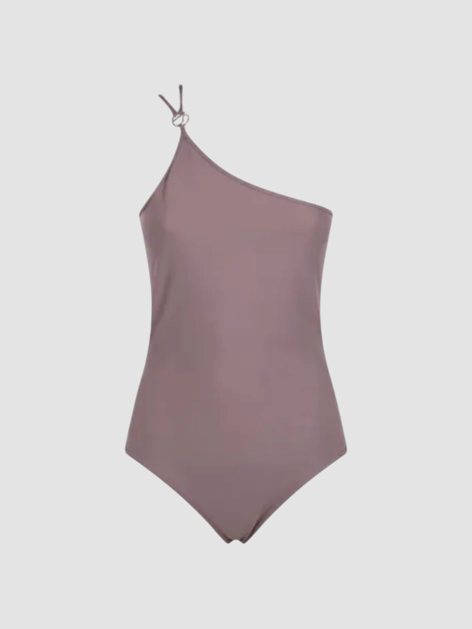 Coperni One-Shoulder Logo-Ring Swimsuit in taupe. Styled by Sharon Lombardo for FDV Concierge.